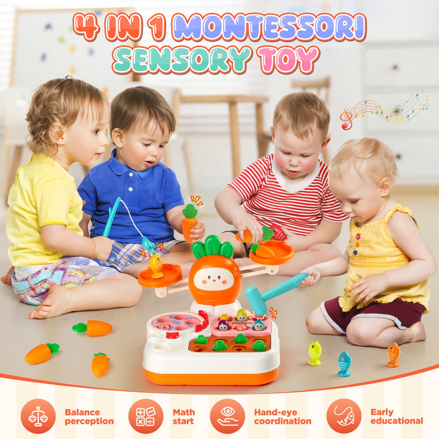 UUSUOO Montessori Toys for 1 Year Old,Balance Scale for Kids with Whack A Mole Game,Carrot Harvest Game,Fishing,Preschool Learning Toys,Baby Toys Gift for 1 2 3 Years Old Boys & Girls