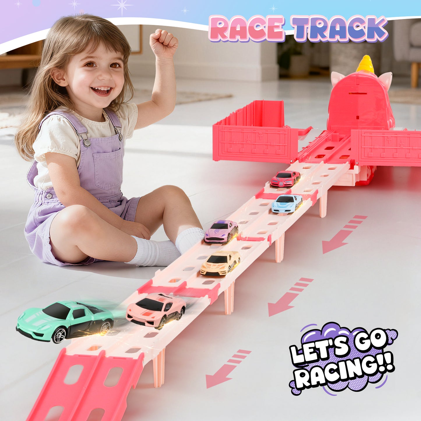 UUSUOO Toy Trucks for Boys Girls 3-6 Years,Pink Unicorn Foldable Transport Carrier Truck W/6 Race Cars,Christmas Birthday Gifts for 3 4 5 6 + Years Old Boys Girls