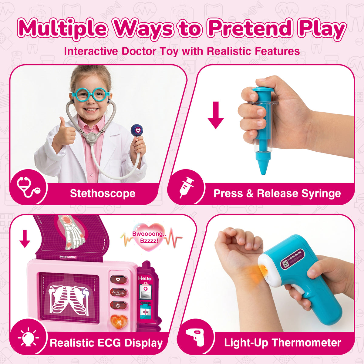 UUSUOO Doctor Kit for Toddlers 3-5,37Pcs Pretend Play Medical Kit Toy,Toddler Medical Cart Toy with Realistic LED Lights & Sounds,Doctor Kit Christmas Toy Gifts for Kids 3-8,Pink
