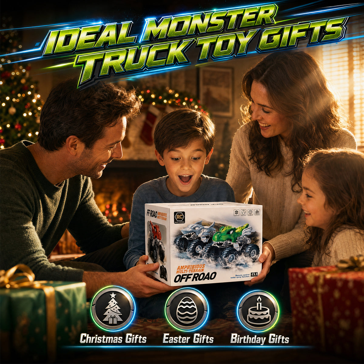 UUSUOO Dinosaur Remote Control Car,Waterproof Monster Truck Toys with Spray Water & Lights, 2.4GHz All-Terrain RC Truck Toys for Boys 4-7, Christmas Birthday Gifts for Boys Girls 3+