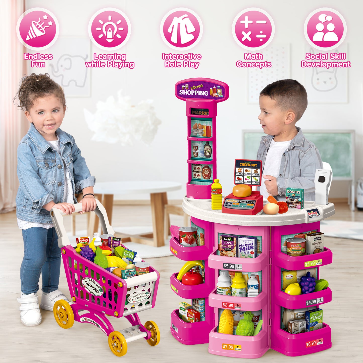 UUSUOO Supermarket Playset for Kids with Shopping Cart,76PCS Pretend Play Toys,Pretend Play Grocery Store Set with Play Food,Cash Register,Christmas & Birthday Gift for Kids 3 4 5 6 +