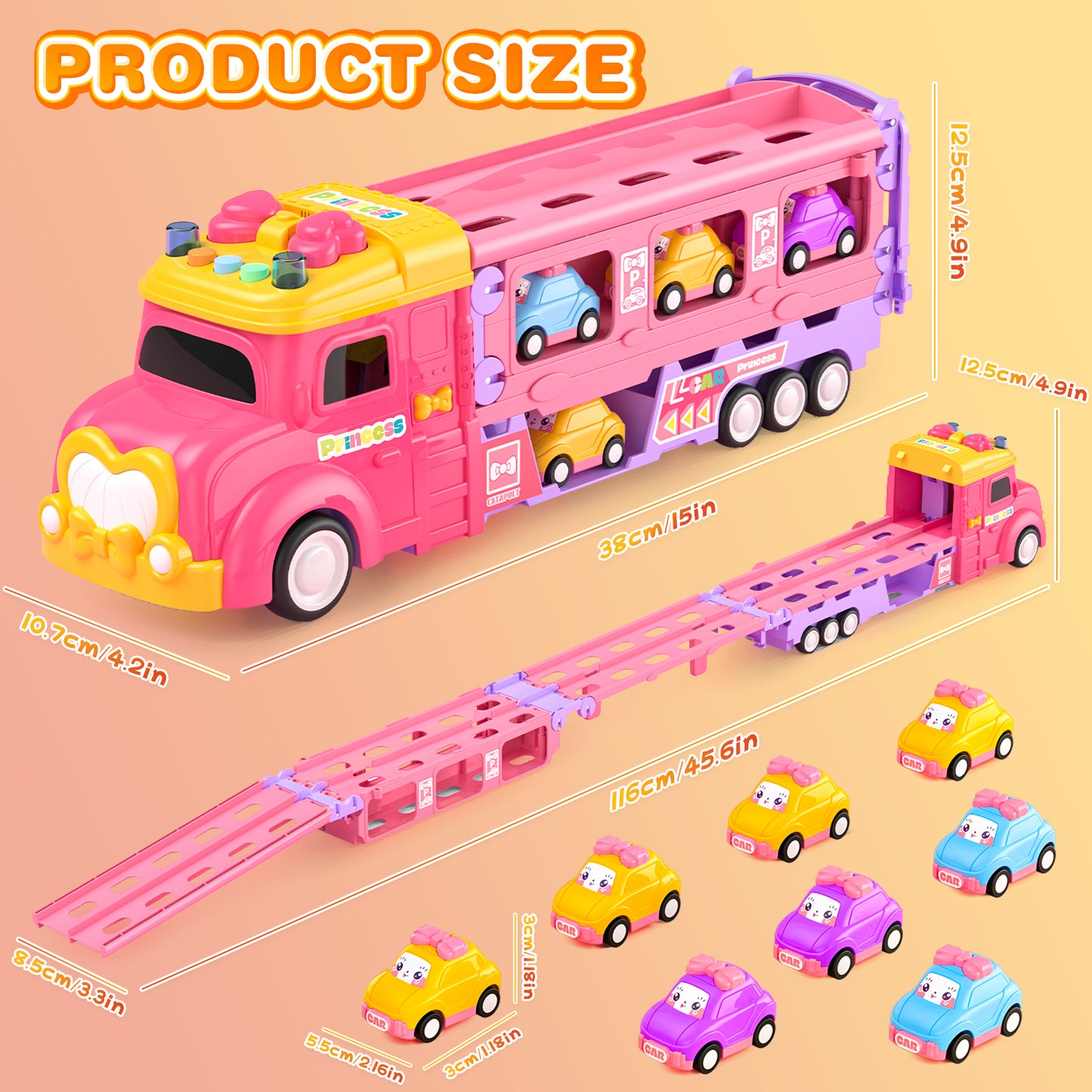 UUSUOO Truck Toys for Girls,9 IN 1 Pink Princess Toys Carrier Truck Race Track Toys for Kids,Foldable Transport Truck with Lights & Music,Christmas Birthday Toys Gift for Girls 3 4 5 6+