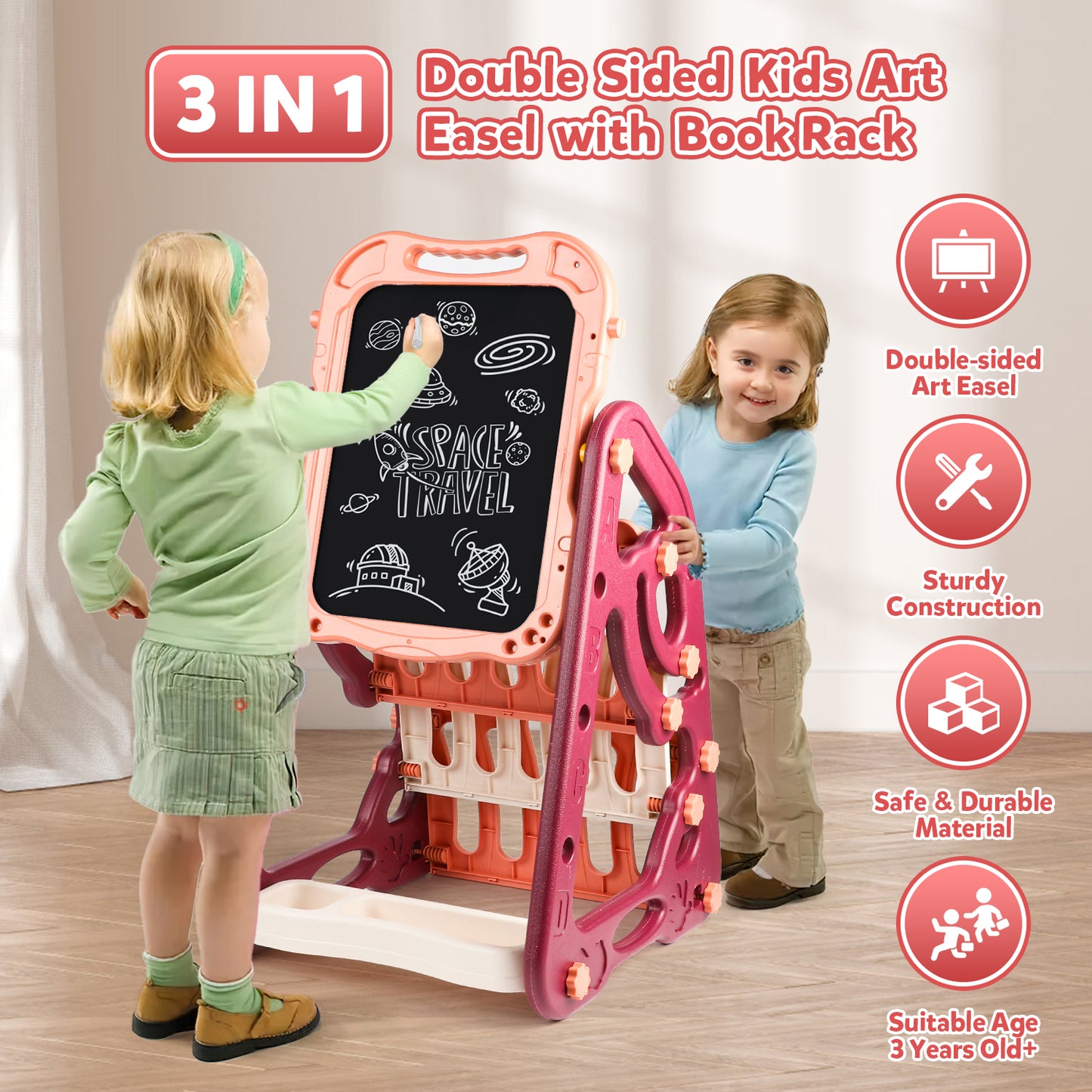 UUSUOO 3 in 1 Art Easel for Toddlers,Double Sided Kids Art Easel with Magnetic White Board & Chalk Board,Adjustable Standing Toddler Easel with Art Accessories,Christmas Gift for Kids Ages 3+,Red