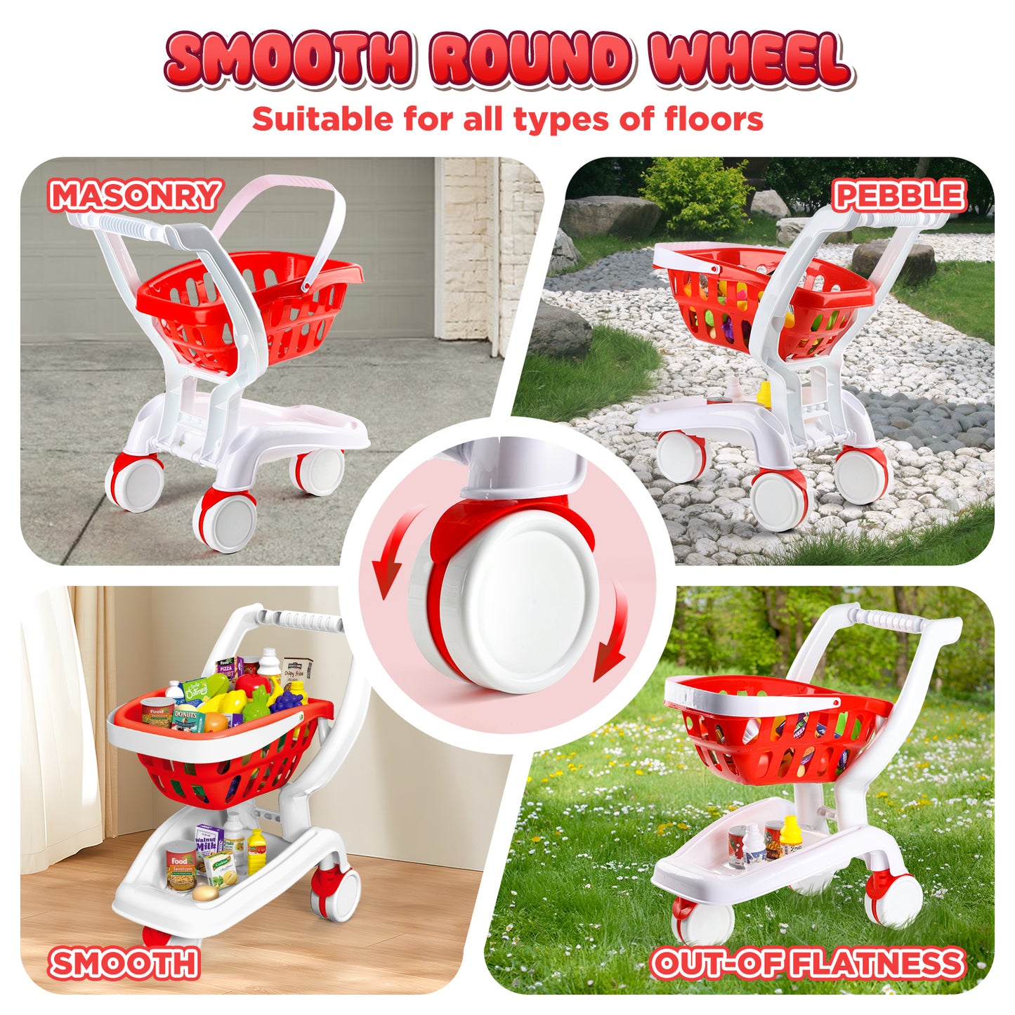 UUSUOO 36Pcs Shopping Cart for Kids,Toy Shopping Cart with Play Food Fruit Vegetable and Shop Accessories,Pretend Play Grocery Store Toys for Toddlers Age 3-6 ,Red