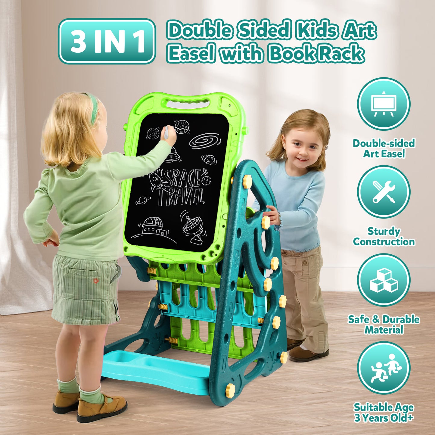 UUSUOO 3 in 1 Easel for Toddlers 3-6,Double Sided Kids Art Easel with Magnetic White Board & Chalk Board,Adjustable Standing Toddler Easel with Art Accessories,Christmas Gift for Kids Ages 3+,Green