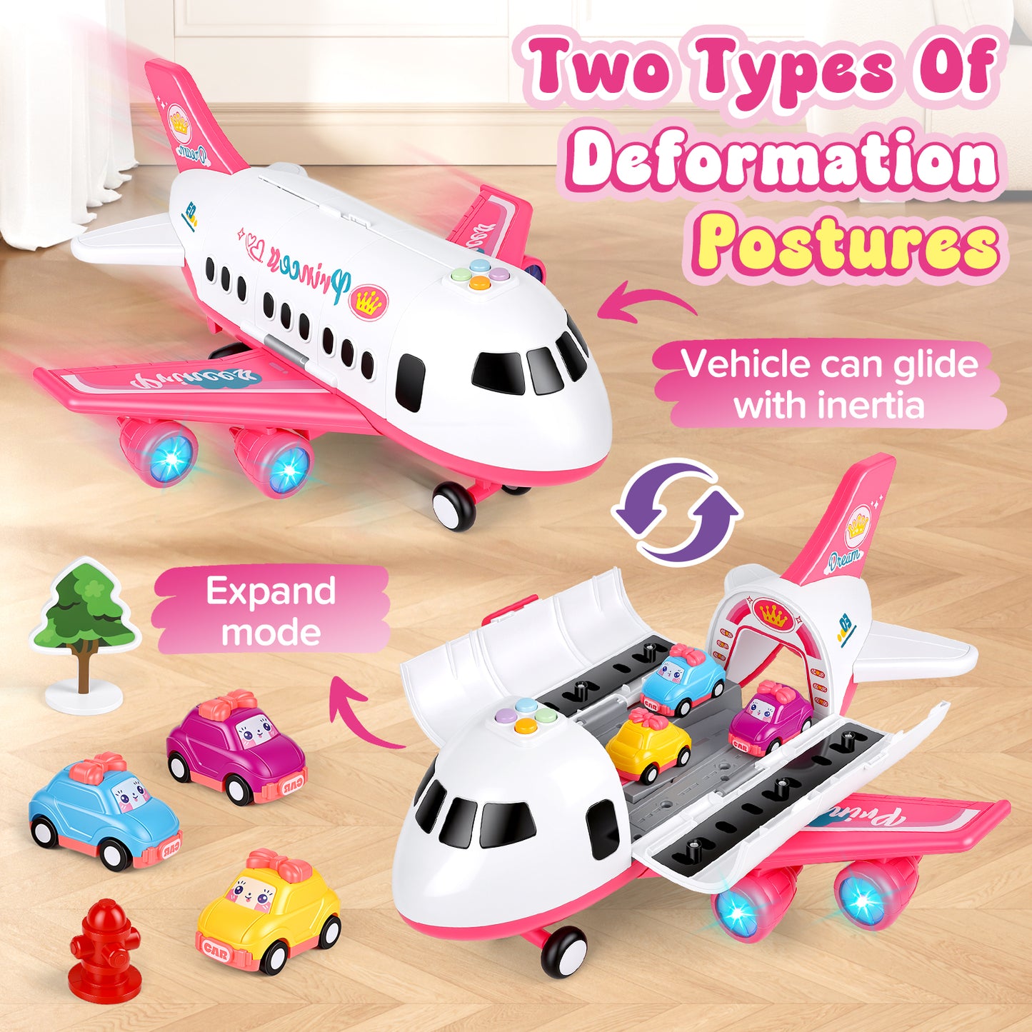 UUSUOO Airplane Toys for Toddlers 3-5, Toddlers Airplane Playset with 6 Cars Toys, Light & Sound,Plane Toys for Kids,Birthday Gift for 3 4 5 6+ Years Old Kids Boys Girls,Pink