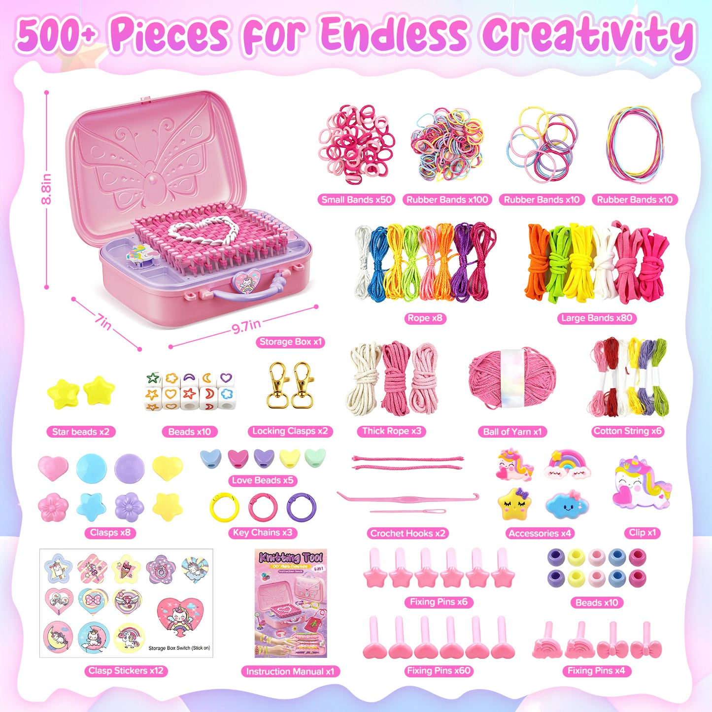 UUSUOO 6-IN-1 Friendship Bracelet Making Kit for Girls,Weaving Loom Kit with 500+ Colorful Ropes,Bands & Beads,DIY Arts and Crafts Kit,Christmas Birthday Gift for Kids Age 6-12,Pink
