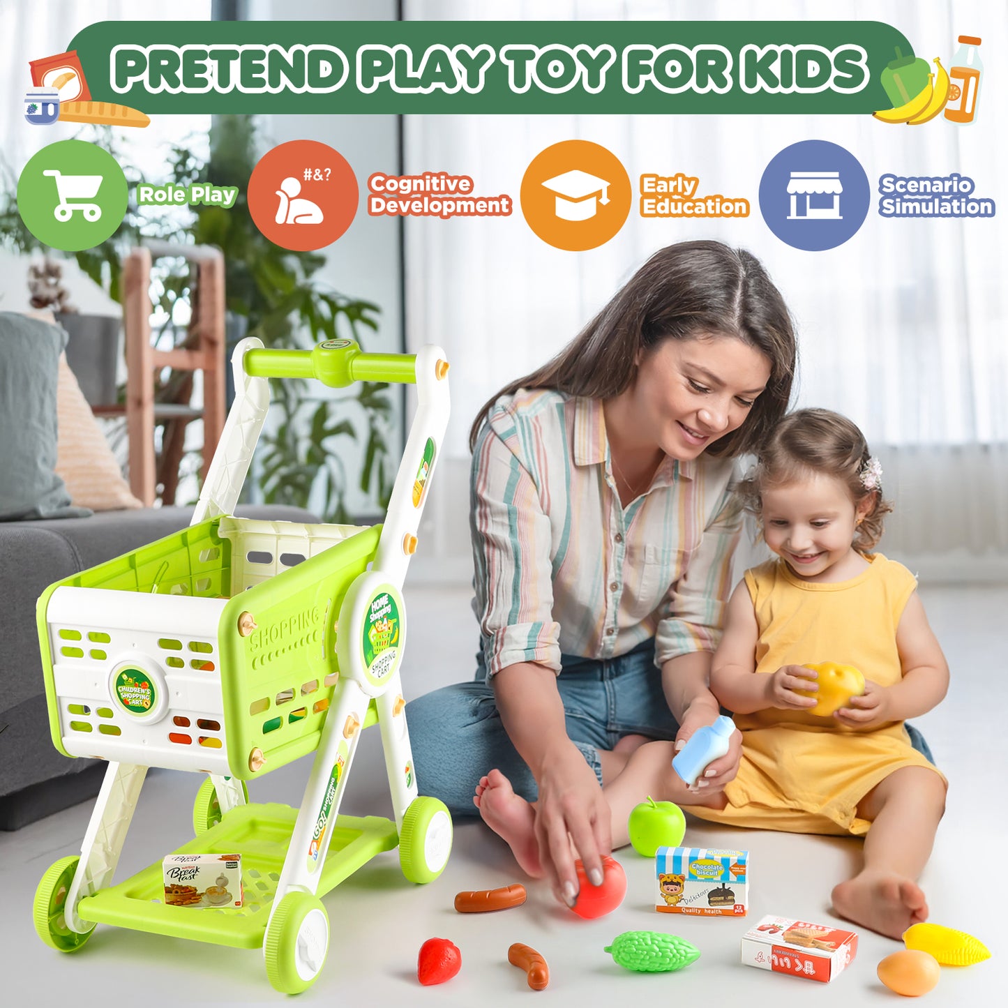 UUSUOO 31Pcs Shopping Cart for Kids,Pretend Play Toys with Play Food and Shop Accessories,Grocery Shopping Cart for Kids, Christmas Birthday Gift for Kids Age 3-8