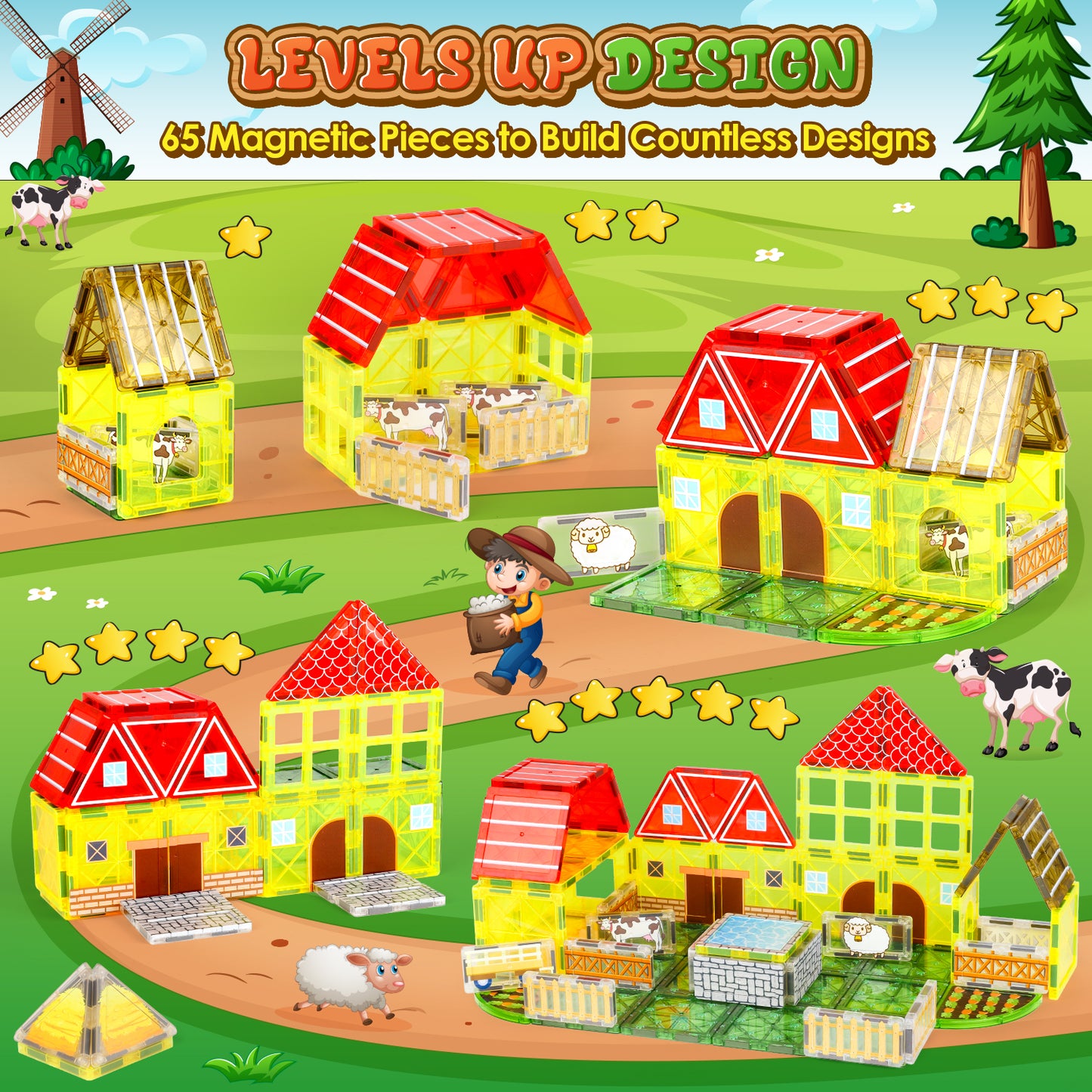 UUSUOO 65Pcs Magnetic Tiles Farm Animals Toddler Toys,STEM Magnetic Building Blocks for Kids Ages 4-8,Preschool Montessori Sensory Toys,Christmas Birthday Gifts for Kids