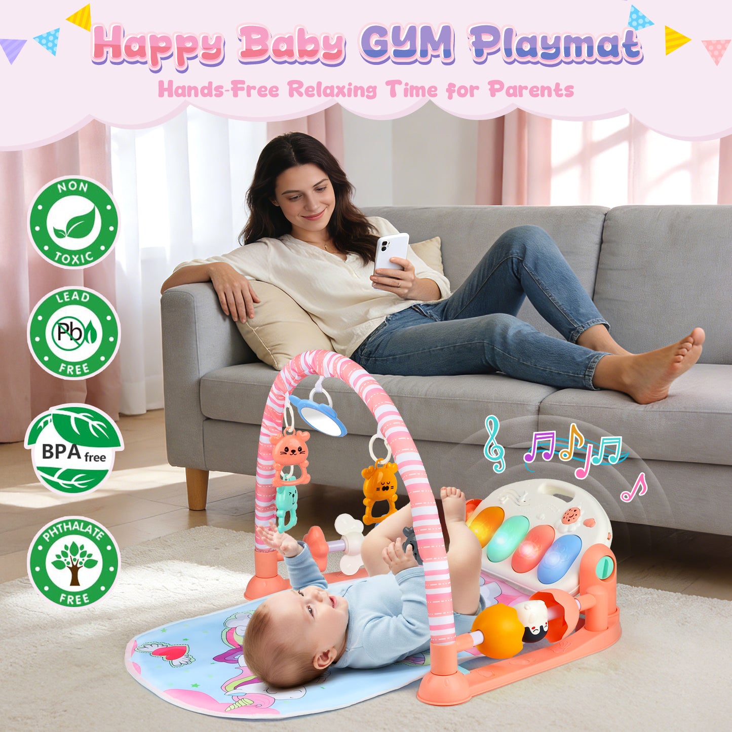 UUSUOO Baby Gym Play Mat,Baby Tummy Time Mat Musical Activity Center Play Piano Gym with 5 Sensory Toys,Music & Lights & Projection,Boys & Girls Gift for Newborns 0-3-6-9-12 Months
