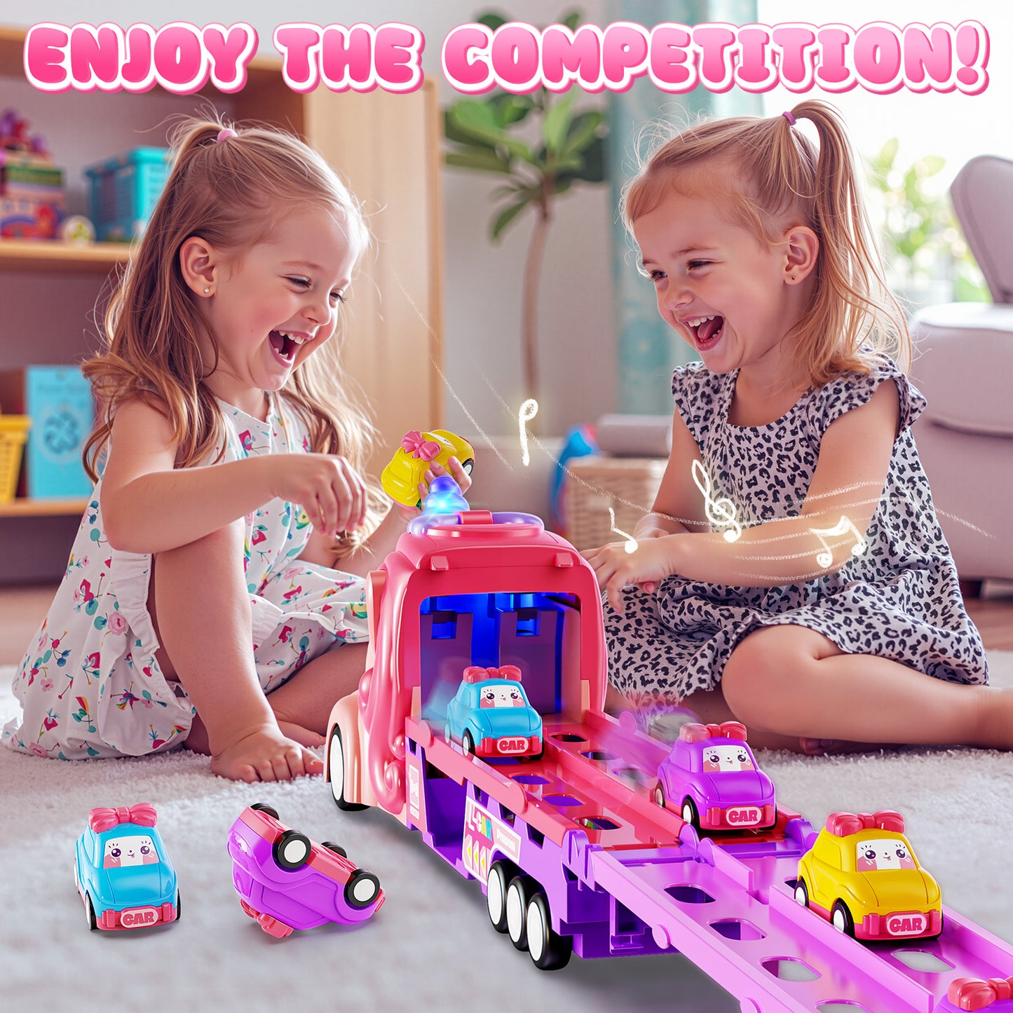 UUSUOO Unicorn Truck Toys for 3 -6 Years Old,7-In-1 Pink Unicorn Foldable Transport Carrier Truck with Lights and Music W/6 Princess Cars,Birthday Gifts for 3 4 5 6 + Years Old Boys Girls