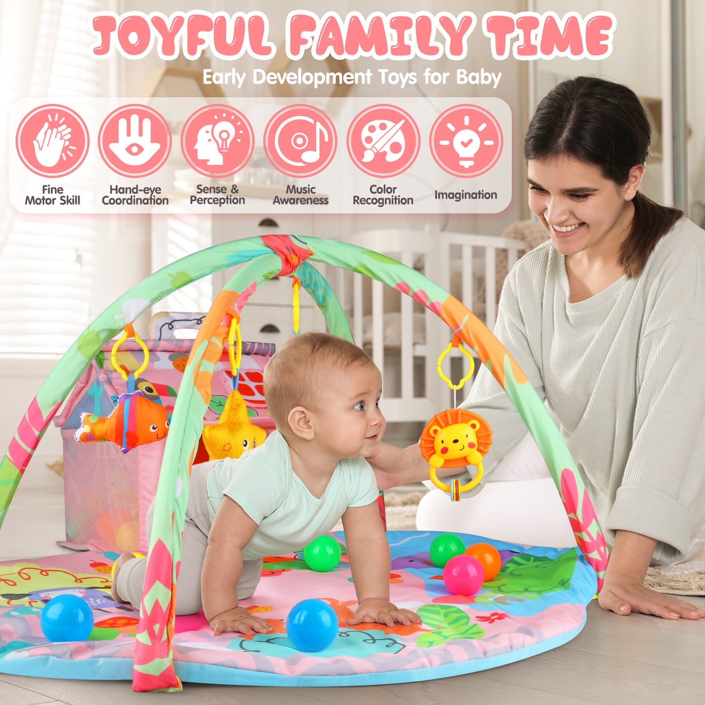 UUSUOO 2-in-1 Baby Play Mat,Tummy Time Mat With 5 Sensory Toys, 30 Balls,Baby Activity Gym Mat for Visual, Hearing, Sensory, Motor Development,Baby Toys Gifts for Toddler Infant 0-3-6-9-12 Month