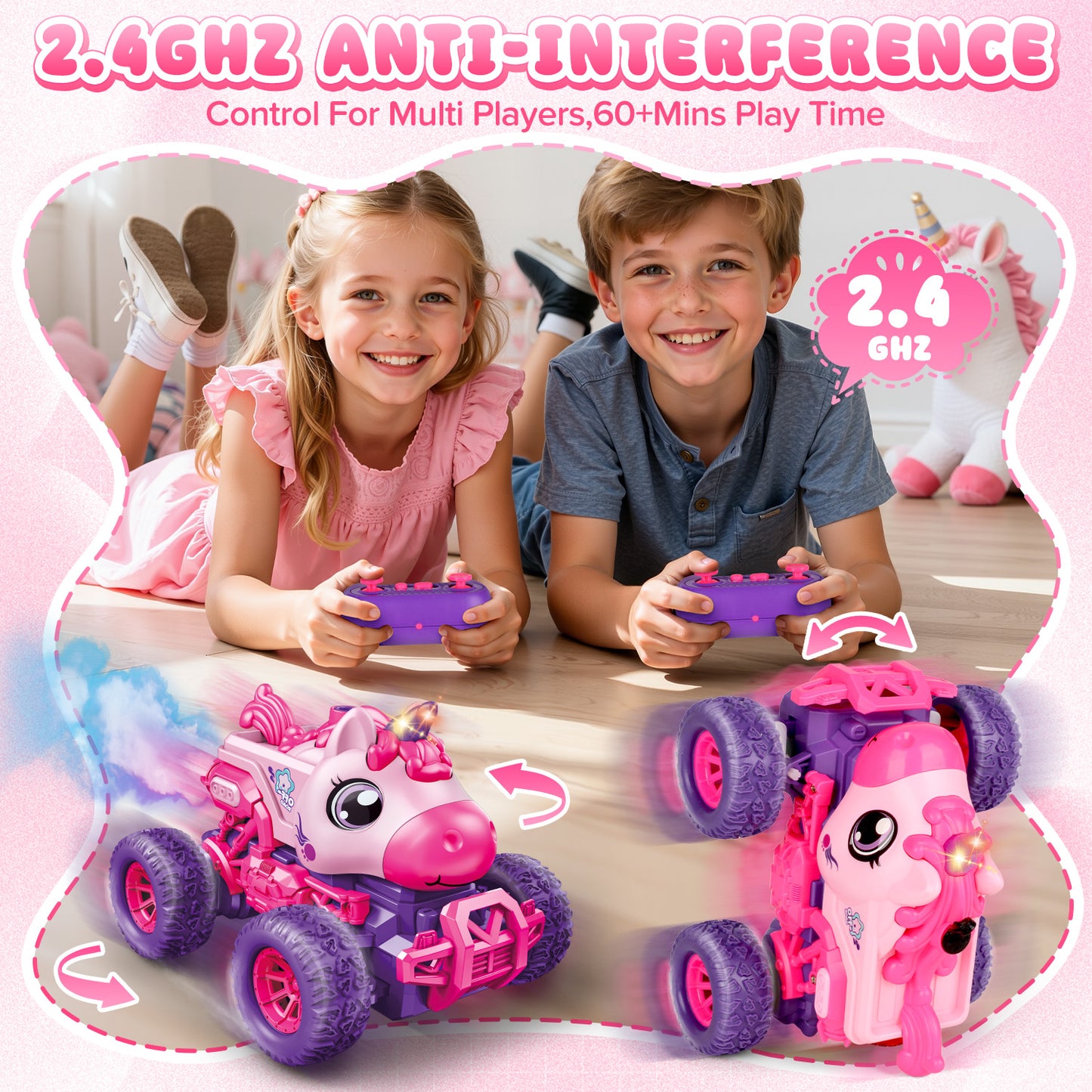 UUSUOO Unicorn Remote Control Cars for Girls 3-6,Rechargeable RC Cars for Kids with Spray & LED Light,Christmas Gifts Unicorn Toys for Boys Girls 3+