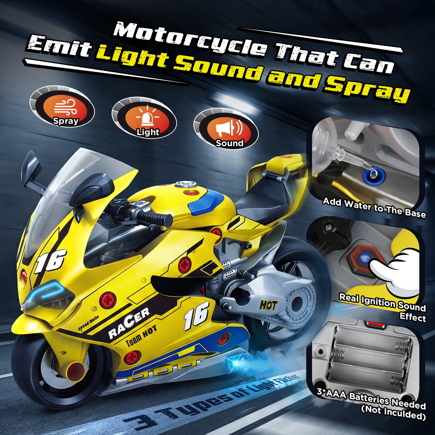 UUSUOO Take Apart Motorcycle Toy,Motorcycle Toys for Kids 3-5,Interactive Toy Engine Building Kit with Light, Sound & Spray,STEM Educational Gift Toys for 3 4 5 6 7 Year Old Boys Girls,Yellow