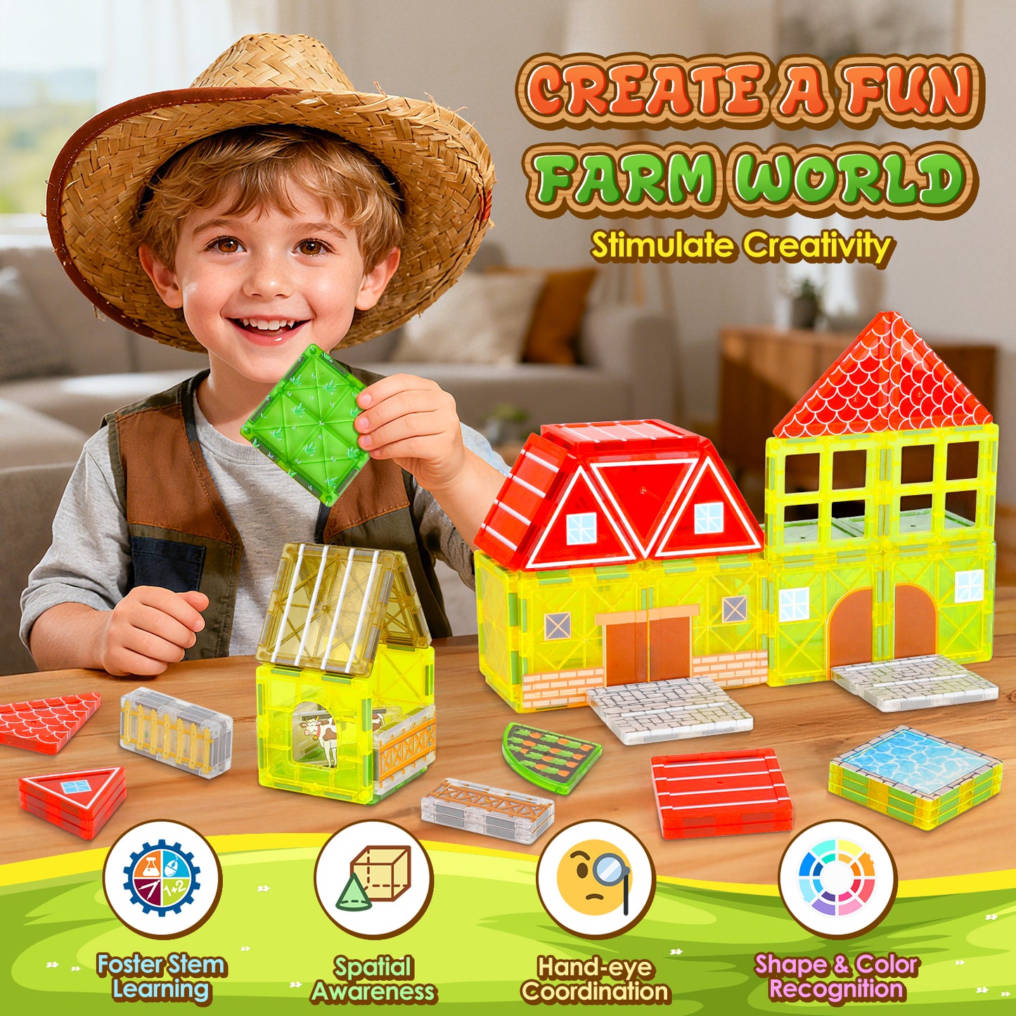 UUSUOO 65Pcs Magnetic Tiles Farm Animals Toddler Toys,STEM Magnetic Building Blocks for Kids Ages 4-8,Preschool Montessori Sensory Toys,Christmas Birthday Gifts for Kids
