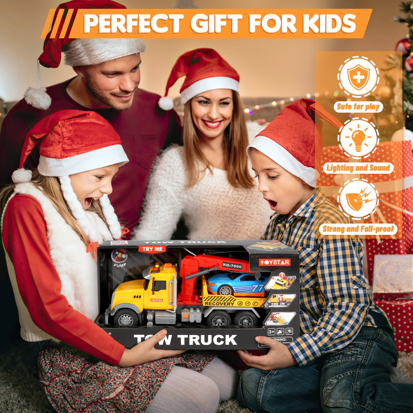 UUSUOO Toddler Trucks for Boys 3-6 Years,15" Large Tow Truck Toys,Friction Powered Transport Truck Crane Toy with Roadster, Lights and Sounds,Kids Truck Toys,Christmas Birthday Gifts for Kids,Yellow