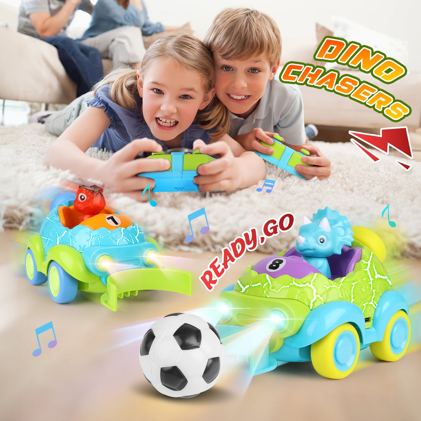 UUSUOO Dinosaur Remote Control Car for Toddlers,2 Pack Rechargeable RC Cars for Kids 3-5 with LED Lights & Music & Soccer Ball,Dinosaur Toys for Ages 2-4, Christmas Birthday Gift for Boys Girls