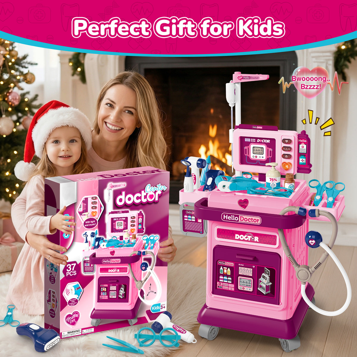 UUSUOO Doctor Kit for Toddlers 3-5,37Pcs Pretend Play Medical Kit Toy,Toddler Medical Cart Toy with Realistic LED Lights & Sounds,Doctor Kit Christmas Toy Gifts for Kids 3-8,Pink