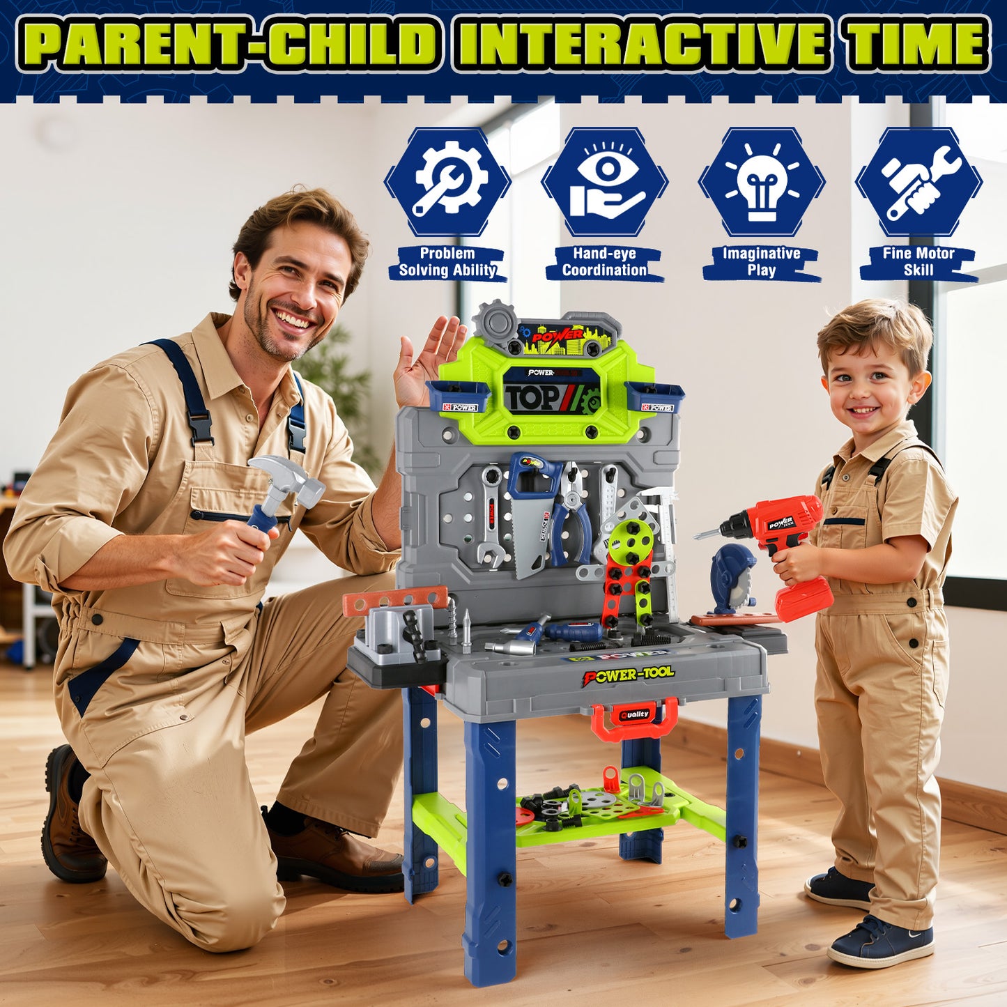 UUSUOO 2-In-1 Kids Tool Bench,132Pcs Kids Tool Set with Realistic Tools and Electric Drill,Foldable Pretend Play Workbench Construction Building Toys,Christmas Toys Gift for Boys Girls 4 5 6+