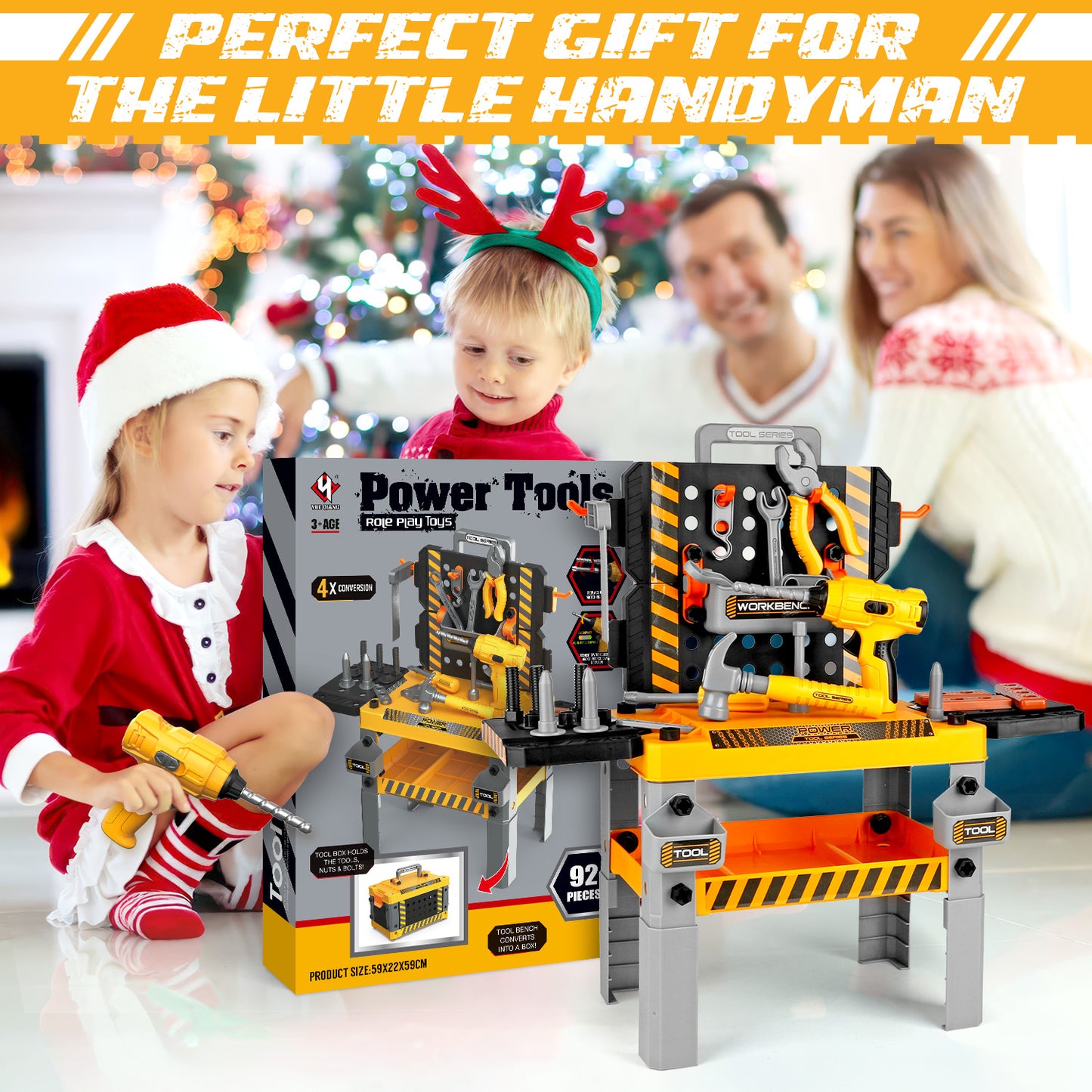 UUSUOO 2-In-1 Kids Tool Bench,92Pcs Kids Tool Set for Boys with Realistic Tools and Electric Drill,Pretend Play Workbench Construction Toys,Christmas Birthday Gift Toys for Boys Girls 4 5 6+