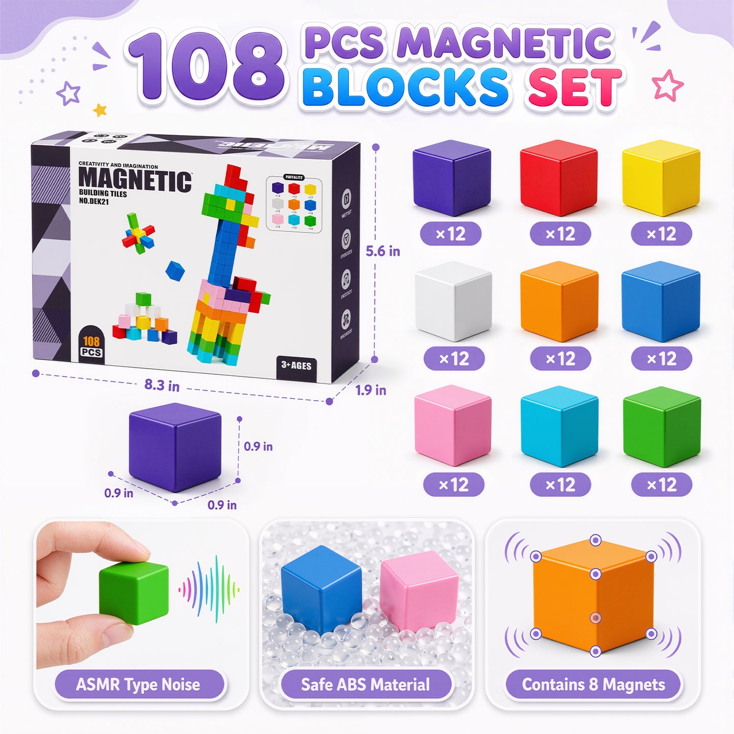 UUSUOO 108PCS Magnetic Blocks,0.9 Inch Magnetic Building Blocks for Kids Ages 4-8, 3D Magnet Cubes,Preschool STEM Educational Sensory Magnet Toys,Birthday Gifts for Kids 3-8