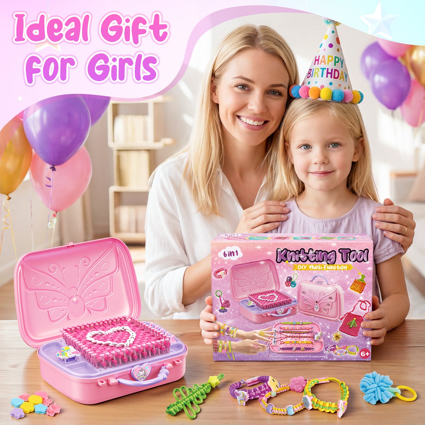 UUSUOO 6-IN-1 Friendship Bracelet Making Kit for Girls,Weaving Loom Kit with 500+ Colorful Ropes,Bands & Beads,DIY Arts and Crafts Kit,Christmas Birthday Gift for Kids Age 6-12,Pink