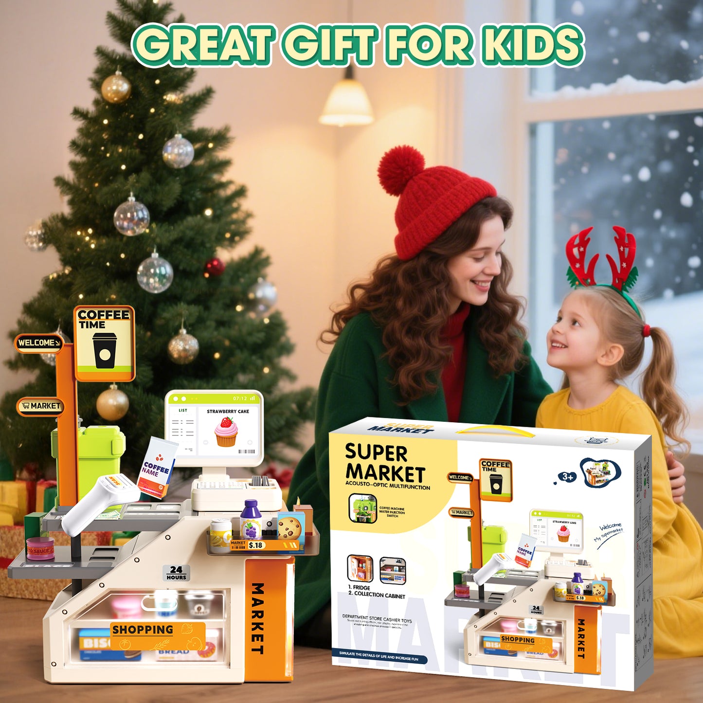 UUSUOO 66Pcs Cash Register for Kids,Pretend Play Grocery Store Set,Kids Cash Register with Scanner,Coffee Machine,Play Food & Money,Christmas Birthday Gift for Boys Girls 3 4 5 6 +