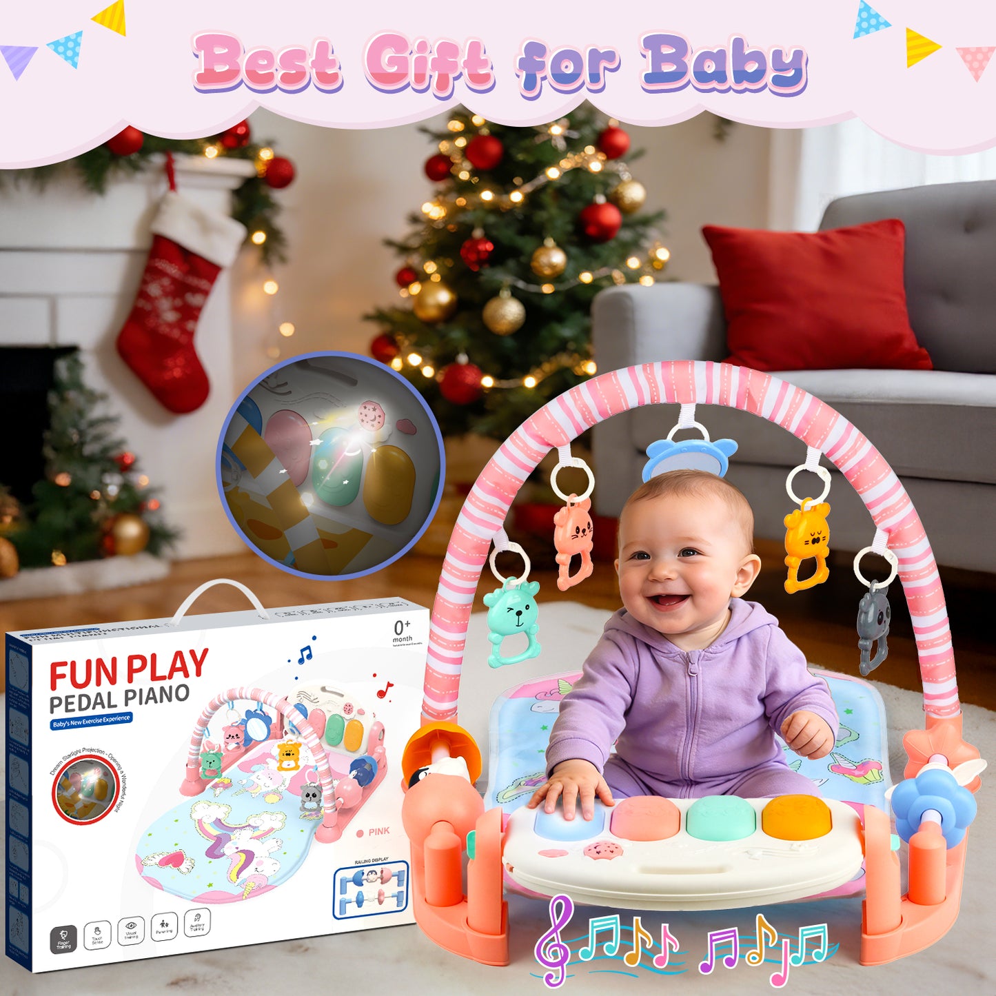 UUSUOO Baby Gym Play Mat,Baby Tummy Time Mat Musical Activity Center Play Piano Gym with 5 Sensory Toys,Music & Lights & Projection,Boys & Girls Gift for Newborns 0-3-6-9-12 Months