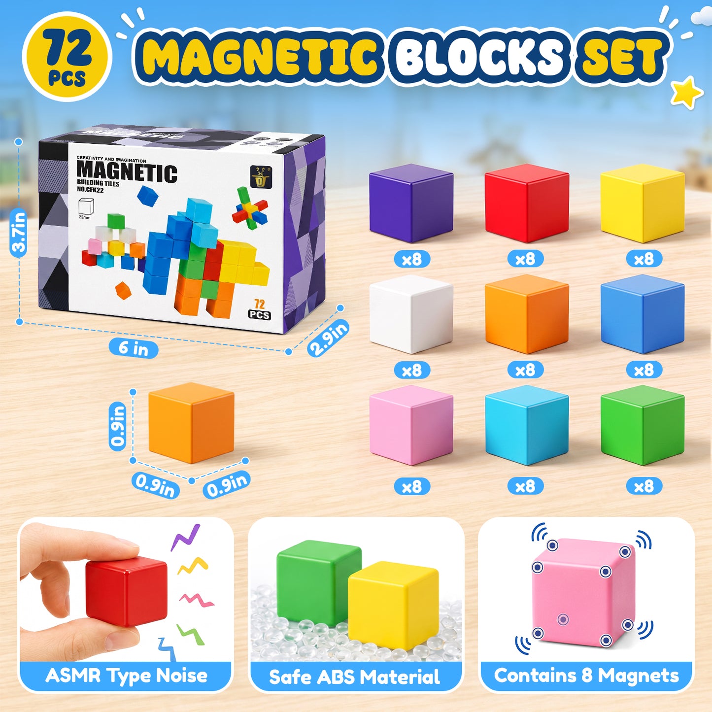 UUSUOO 72PCS Magnetic Blocks, 0.9 Inch Magnetic Building Blocks for Kids Ages 4-8,Magnetic Cubes for Kids,STEM Educational Sensory Toys,Christmas Birthday Gifts for Boys Girls Ages 3-8