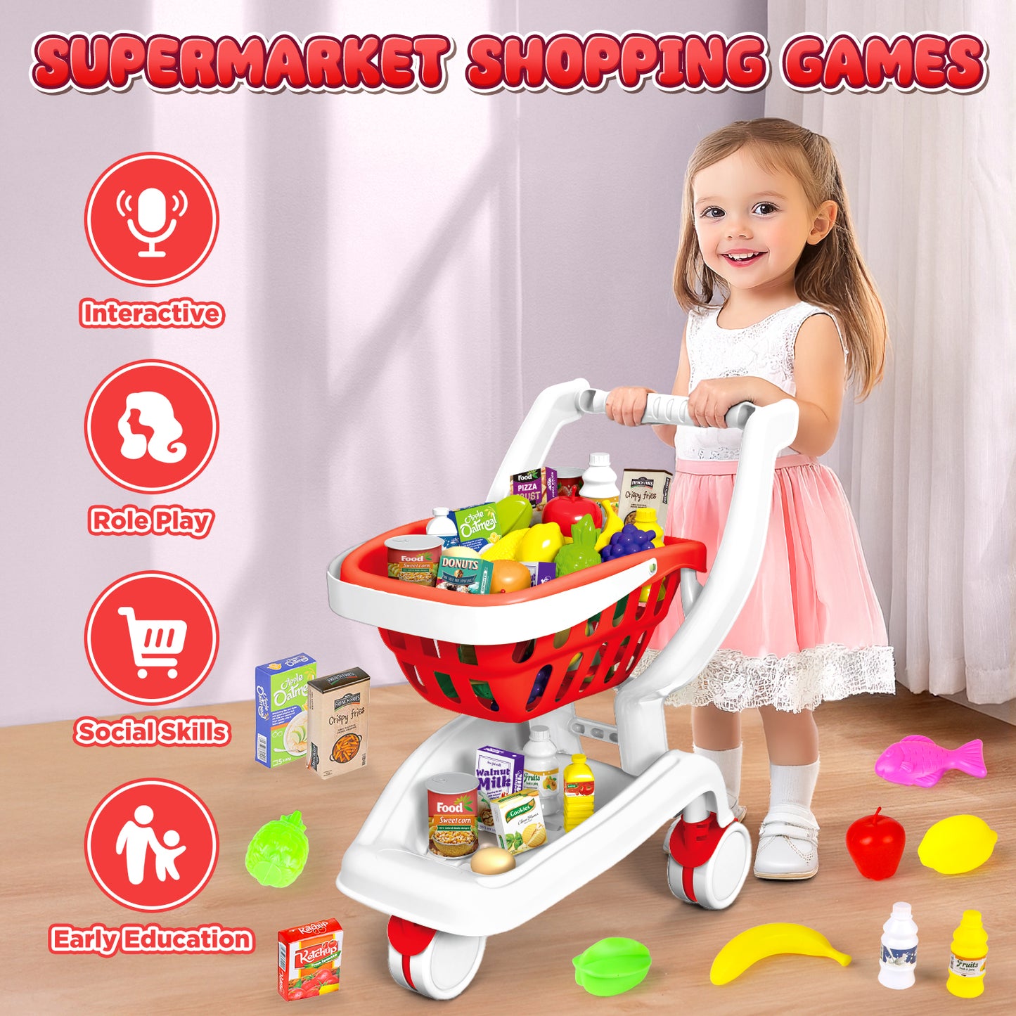 UUSUOO 36Pcs Shopping Cart for Kids,Toy Shopping Cart with Play Food Fruit Vegetable and Shop Accessories,Pretend Play Grocery Store Toys for Toddlers Age 3-6 ,Red