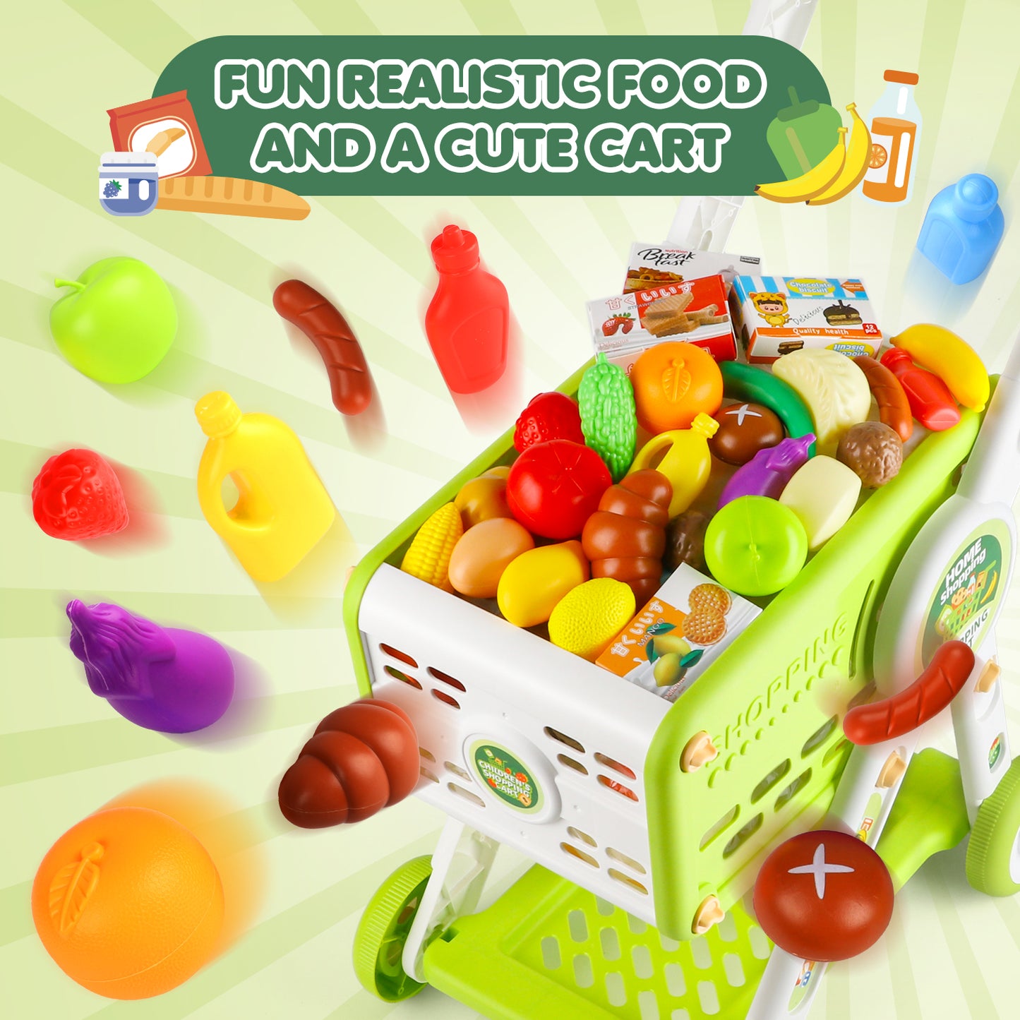 UUSUOO 31Pcs Shopping Cart for Kids,Pretend Play Toys with Play Food and Shop Accessories,Grocery Shopping Cart for Kids, Christmas Birthday Gift for Kids Age 3-8