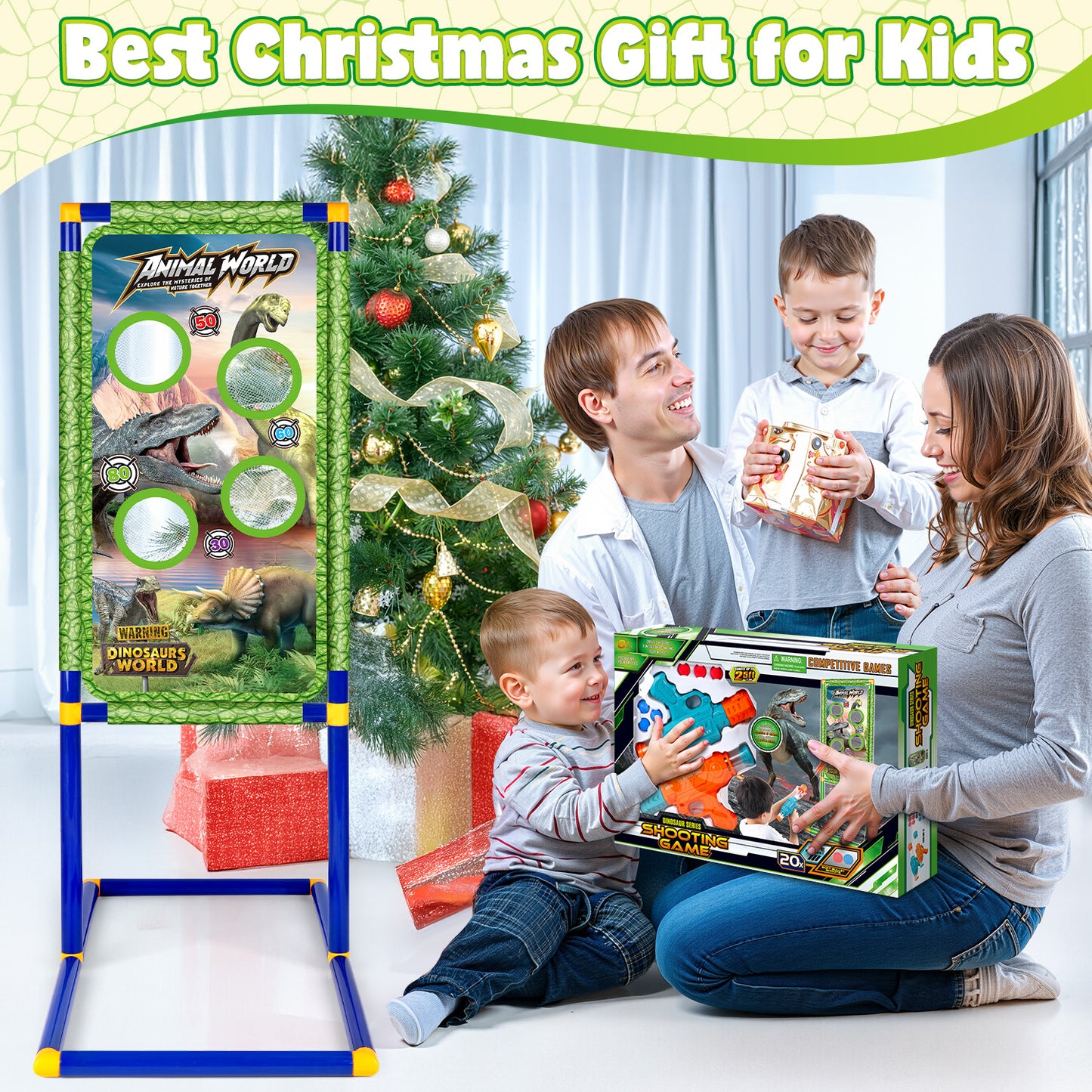 UUSUOO Shooting Game Toys for Kids,Dinosaur Shooting Target with 2 Air Toy Blasters & 20 Foam Balls, Indoor & Outdoor Christmas Birthday Gifts for Boys Girls Age 6 7 8 9 +