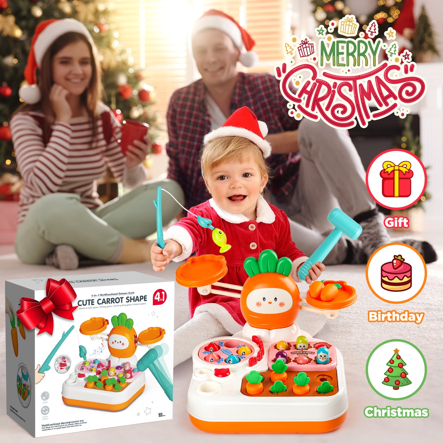 UUSUOO Montessori Toys for 1 Year Old,Balance Scale for Kids with Whack A Mole Game,Carrot Harvest Game,Fishing,Preschool Learning Toys,Baby Toys Gift for 1 2 3 Years Old Boys & Girls