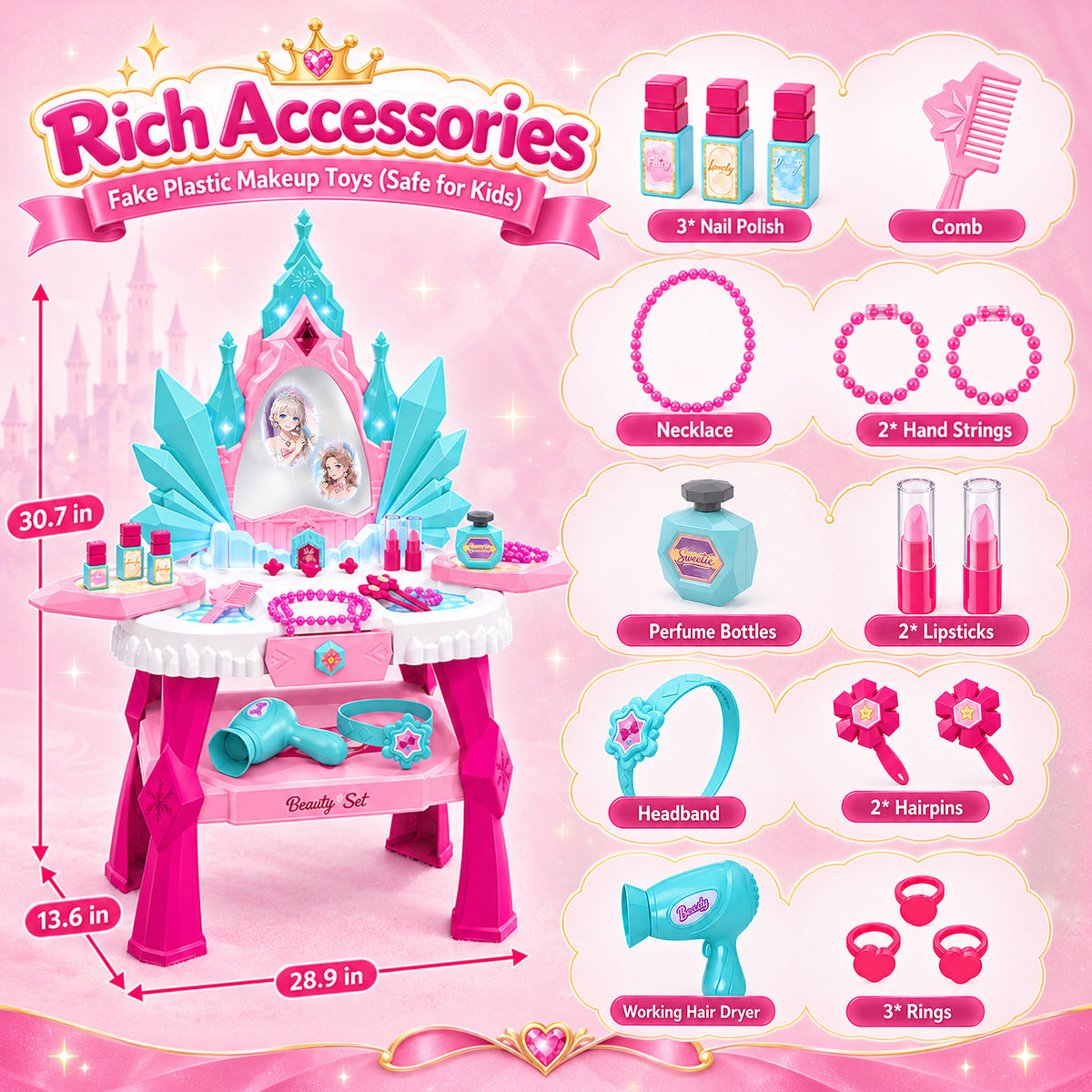 UUSUOO Kids Vanity Sets for Girls, Toddler Vanity Makeup Table with Mirror, Lights and Music, Kids Pretend Play Princess Toys, Birthday Gifts for Little Girls Ages 3-6