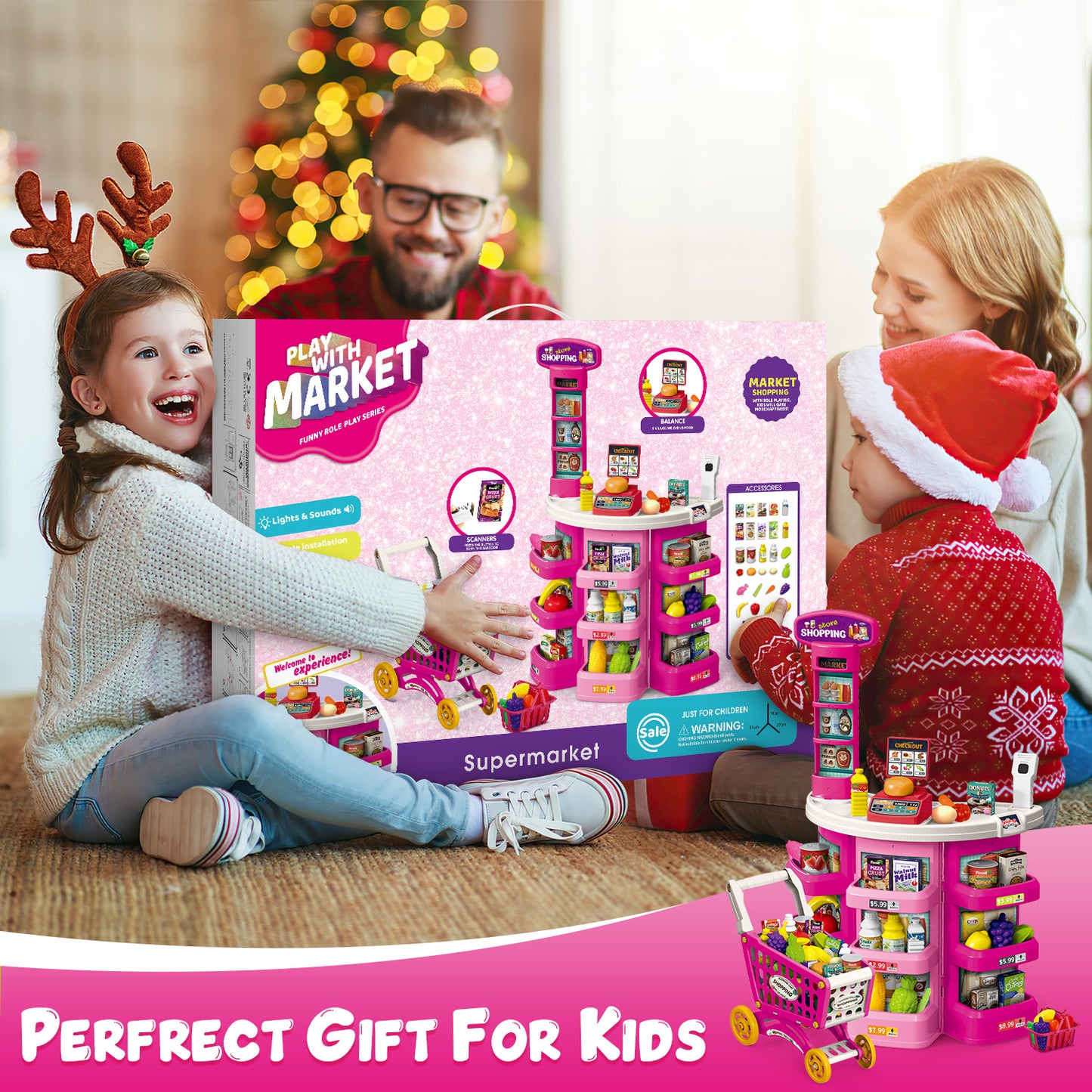 UUSUOO Supermarket Playset for Kids with Shopping Cart,76PCS Pretend Play Toys,Pretend Play Grocery Store Set with Play Food,Cash Register,Christmas & Birthday Gift for Kids 3 4 5 6 +