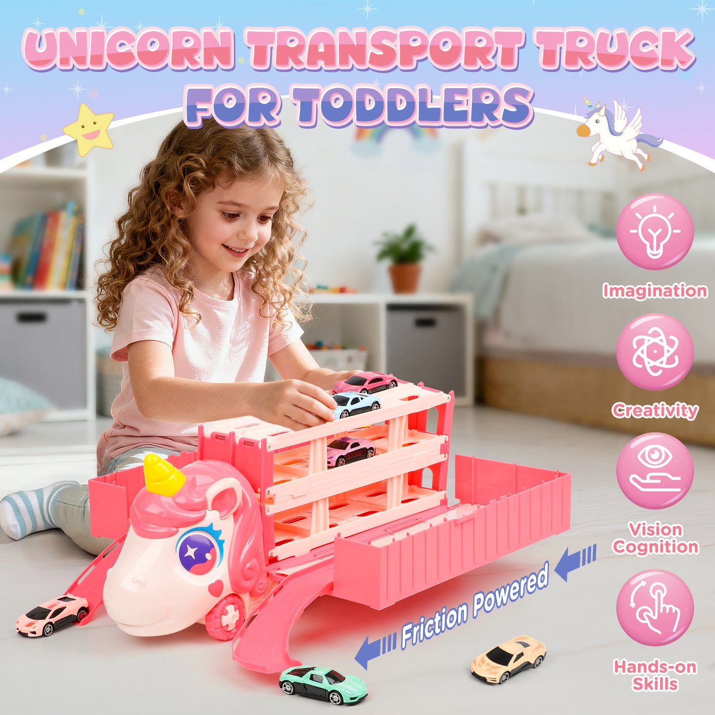 UUSUOO Toy Trucks for Boys Girls 3-6 Years,Pink Unicorn Foldable Transport Carrier Truck W/6 Race Cars,Christmas Birthday Gifts for 3 4 5 6 + Years Old Boys Girls