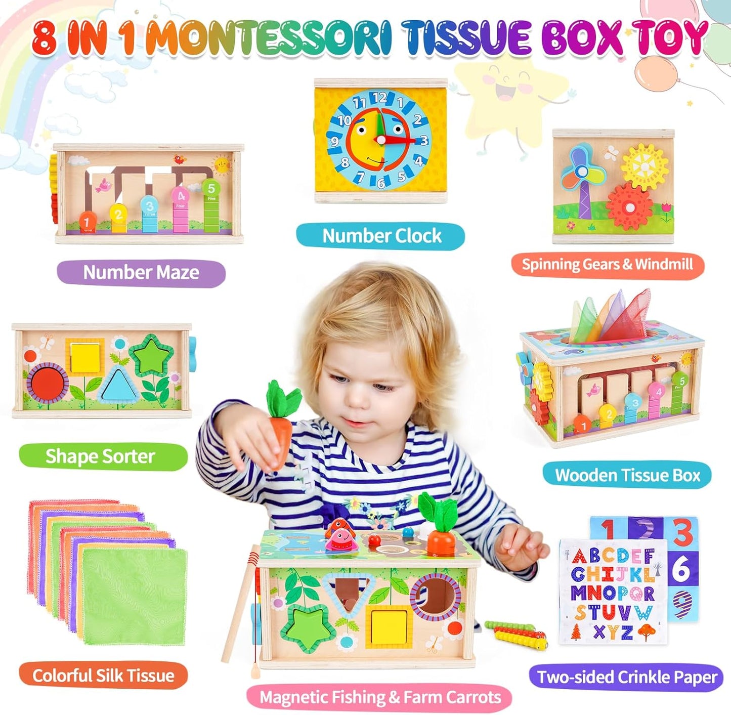 UUSUOO 8-in-1 Montessori Tissue Box Toy for Babies 6-12 Months,Wooden Activity Cube for Babies,Baby Puzzles 12-18 Months,Sensory Toys for Toddlers 1-3, Baby 1st Birthday Gift,Christmas Gifts for Baby