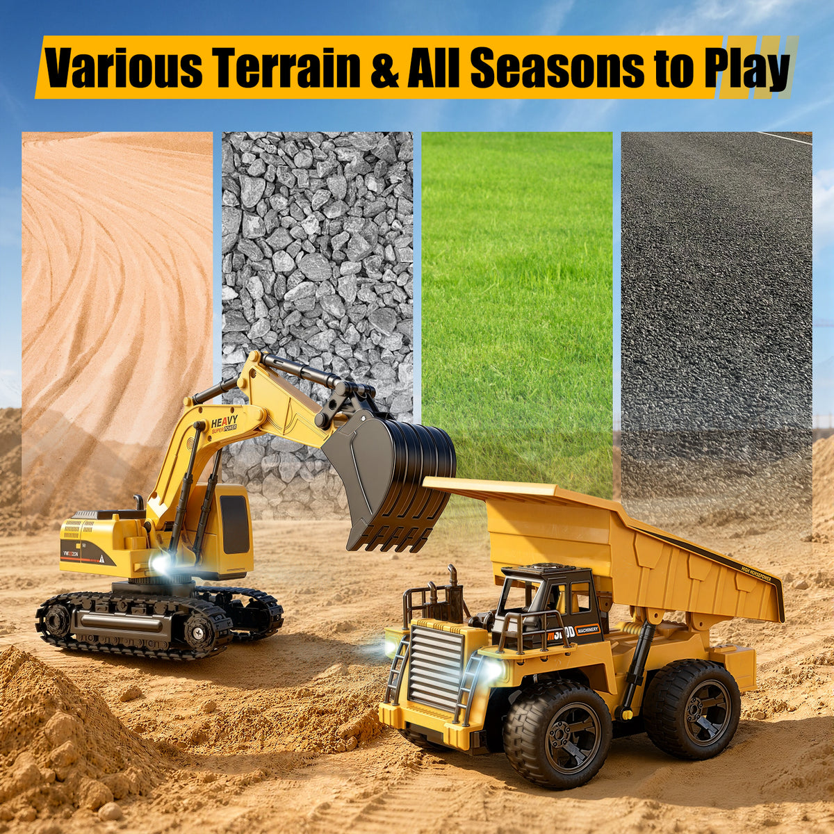 UUSUOO Remote Control Excavator and Dump Truck Toy for Kids, 2.4GHz RC Construction Vehicles with Lights & Sounds, Rechargeable Construction Toys, Birthday Gift for Kids Ages 3+