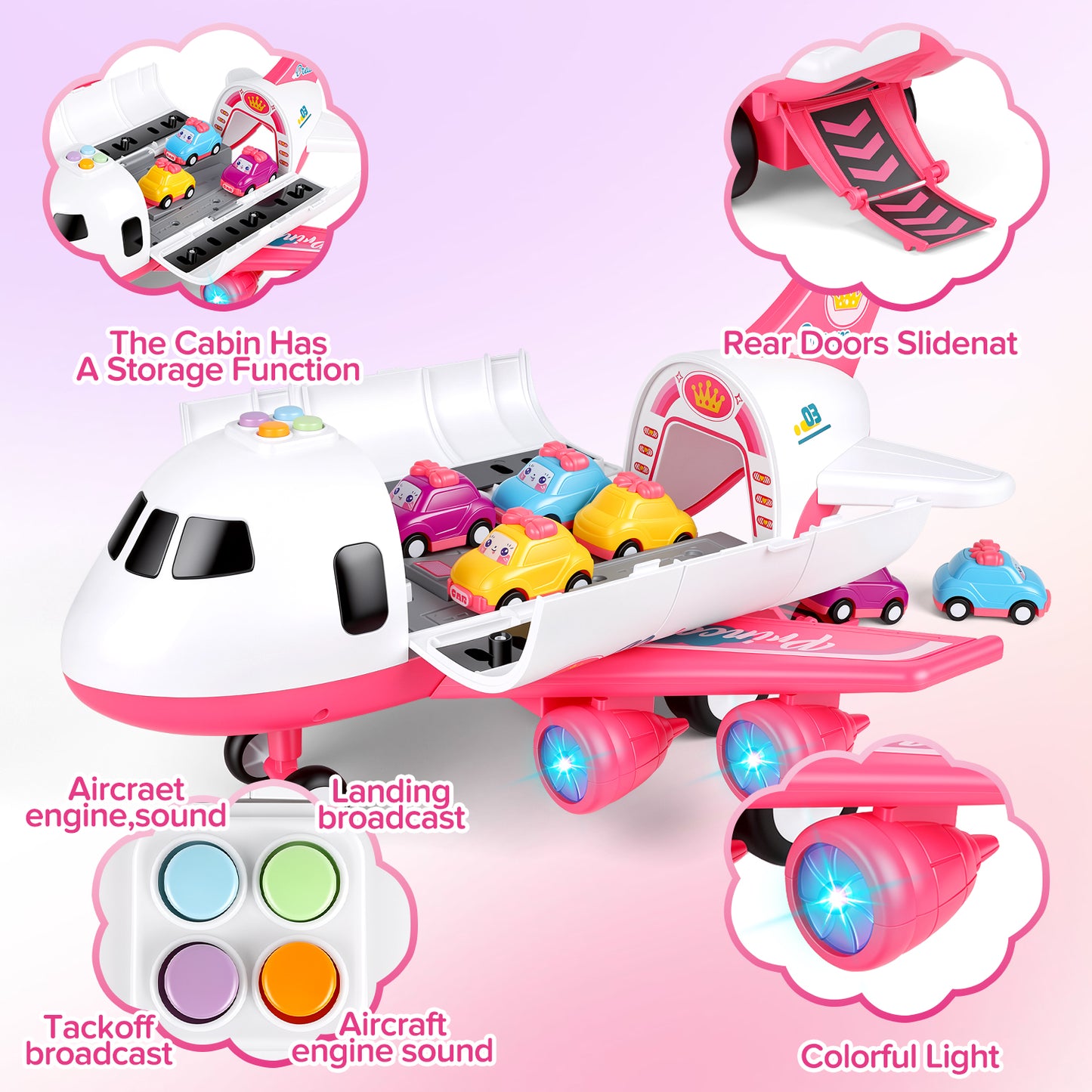 UUSUOO Airplane Toys for Toddlers 3-5, Toddlers Airplane Playset with 6 Cars Toys, Light & Sound,Plane Toys for Kids,Birthday Gift for 3 4 5 6+ Years Old Kids Boys Girls,Pink