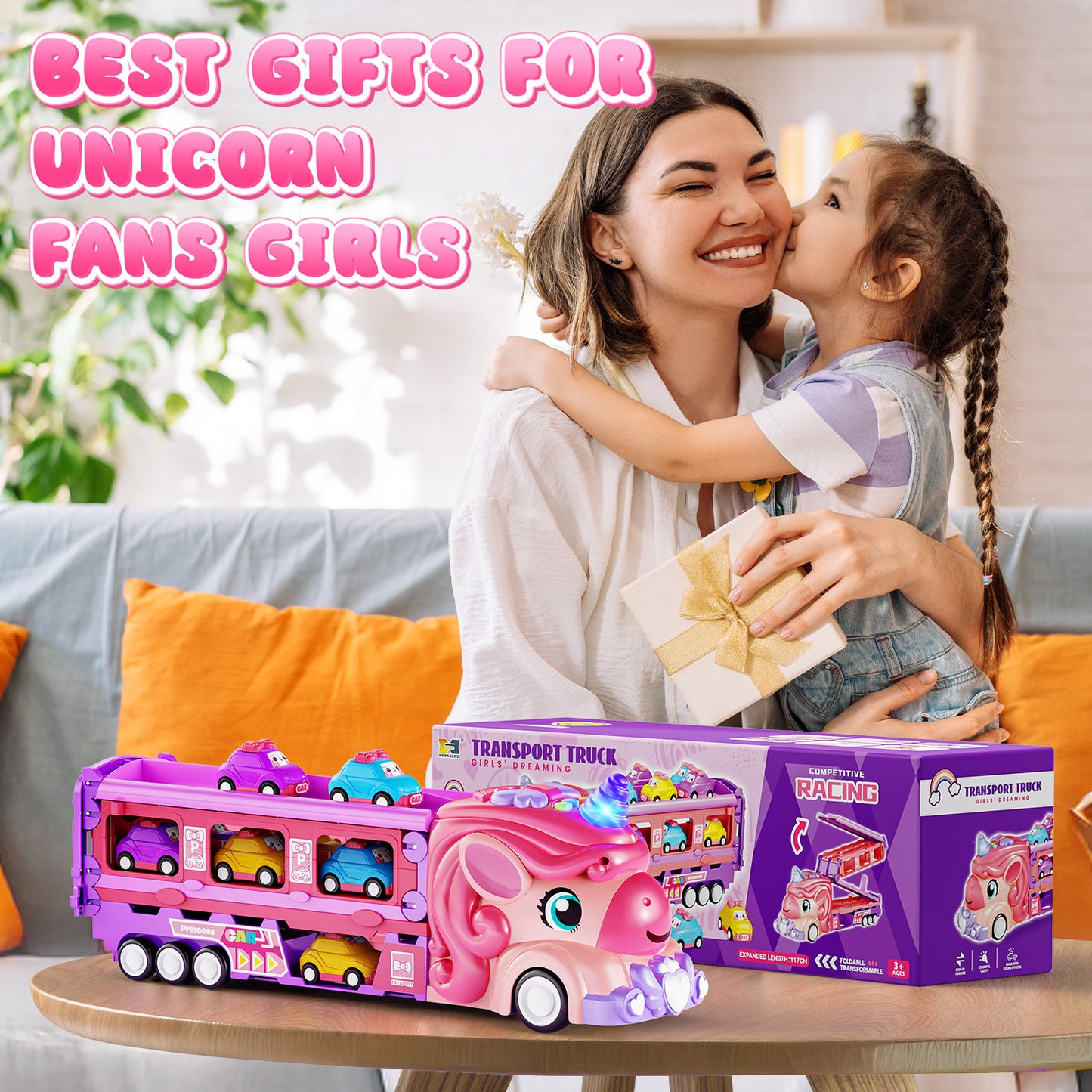 UUSUOO Unicorn Truck Toys for 3 -6 Years Old,7-In-1 Pink Unicorn Foldable Transport Carrier Truck with Lights and Music W/6 Princess Cars,Birthday Gifts for 3 4 5 6 + Years Old Boys Girls