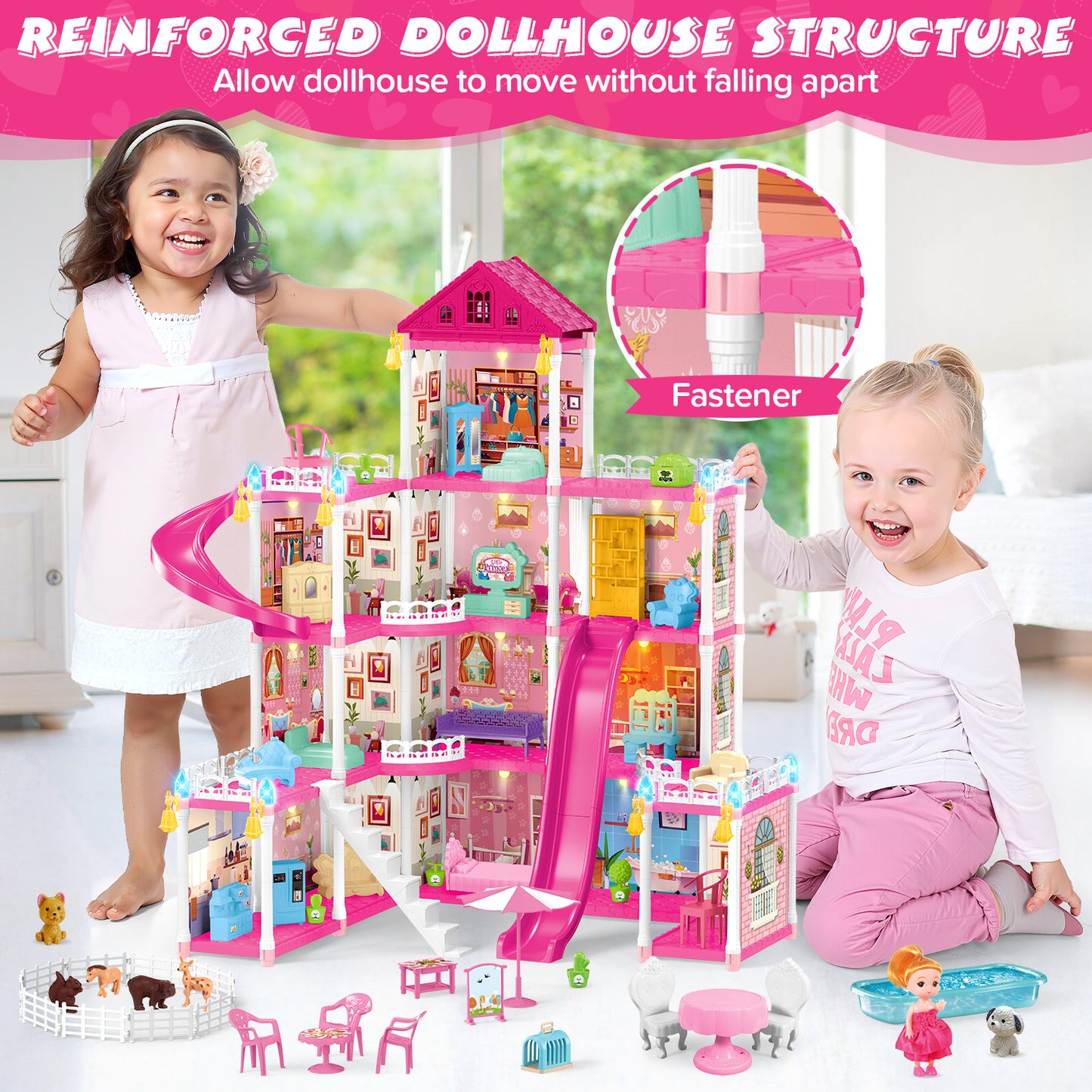 UUSUOO Doll House for Girls Toys,4 Stories 12 Rooms DIY Dollhouse Play Set with LED Lights Furniture and Accessories,Christmas Birthday Gifts for Girls Age 3 4 5 6 +