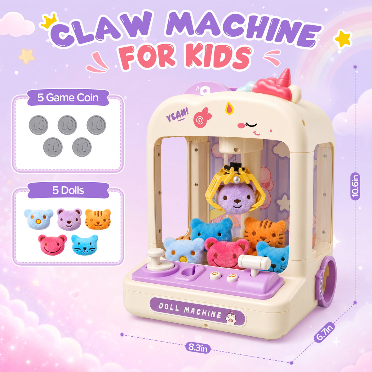 UUSUOO Claw Machine for Kids,Mini Vending Arcade Machine with Light & Music,Unicorn Toys for Girls 3-6 years,Christmas Birthday Gifts Toys Age 3+ Year Old