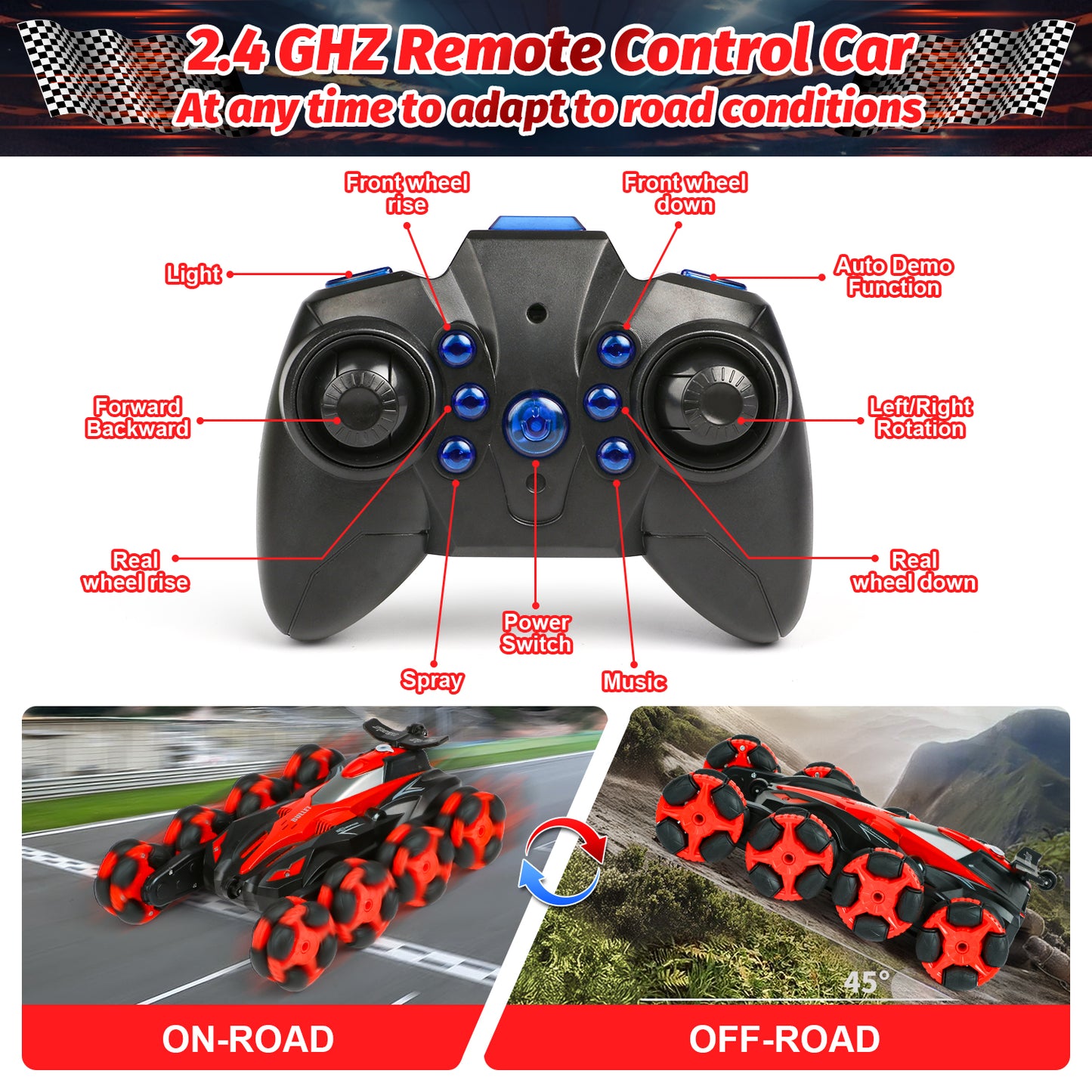 Remote Control Cars for Boys,8WD RC Stunt Car, 2.4 GHz 360°Rotating RC Drift Cars with Spray, Light & Sound, RC Cars for Boys Age 6-12 8-12 Birthday Gifts Toy , Red