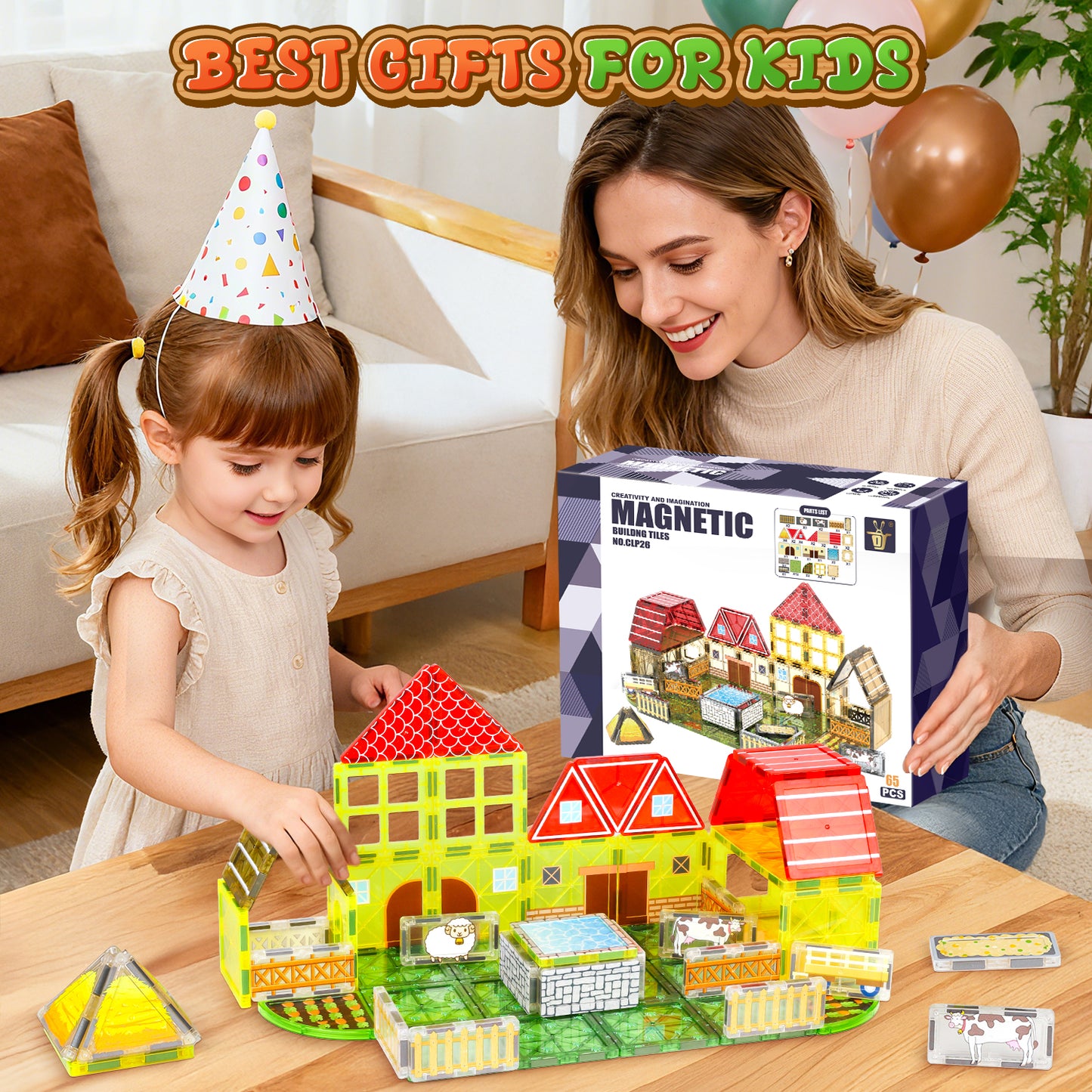 UUSUOO 65Pcs Magnetic Tiles Farm Animals Toddler Toys,STEM Magnetic Building Blocks for Kids Ages 4-8,Preschool Montessori Sensory Toys,Christmas Birthday Gifts for Kids