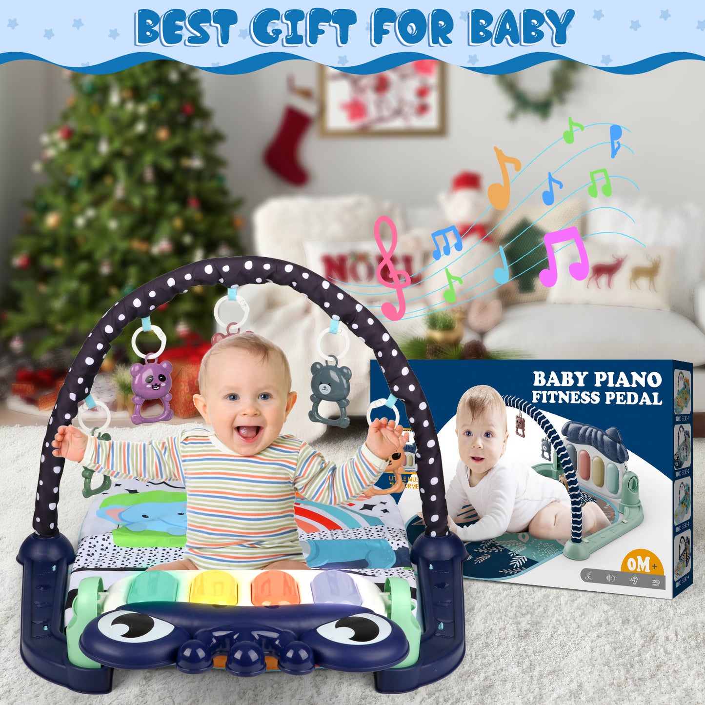 UUSUOO Baby Play Mat Baby Gym,Kick and Play Piano Gym,Musical Activity Center Tummy Time Baby Activity Mat with 5 Infant Sensory Baby Toys,Music & Light Newborn Infant Gifts for 0-3-6-9-12 Months