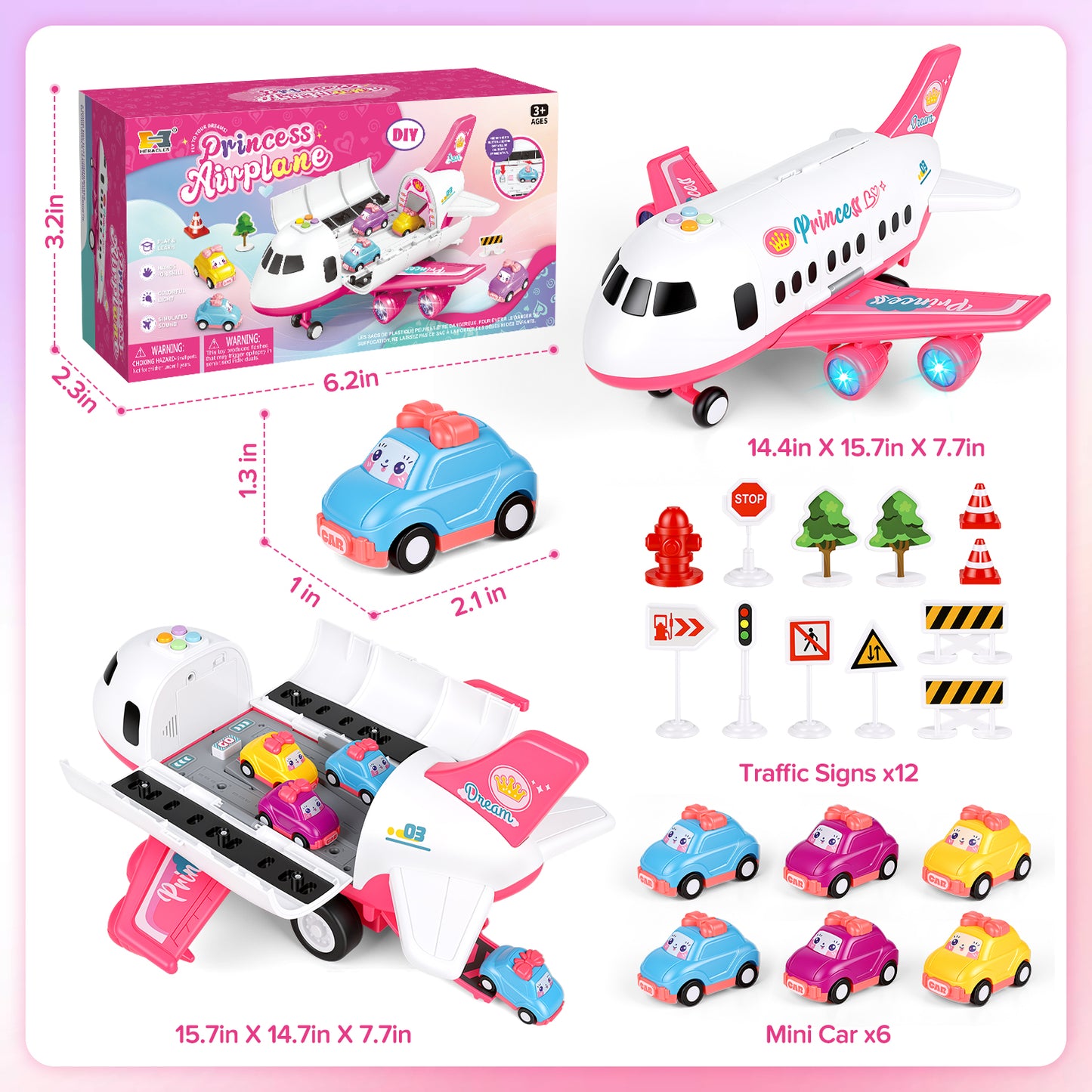 UUSUOO Airplane Toys for Toddlers 3-5, Toddlers Airplane Playset with 6 Cars Toys, Light & Sound,Plane Toys for Kids,Birthday Gift for 3 4 5 6+ Years Old Kids Boys Girls,Pink