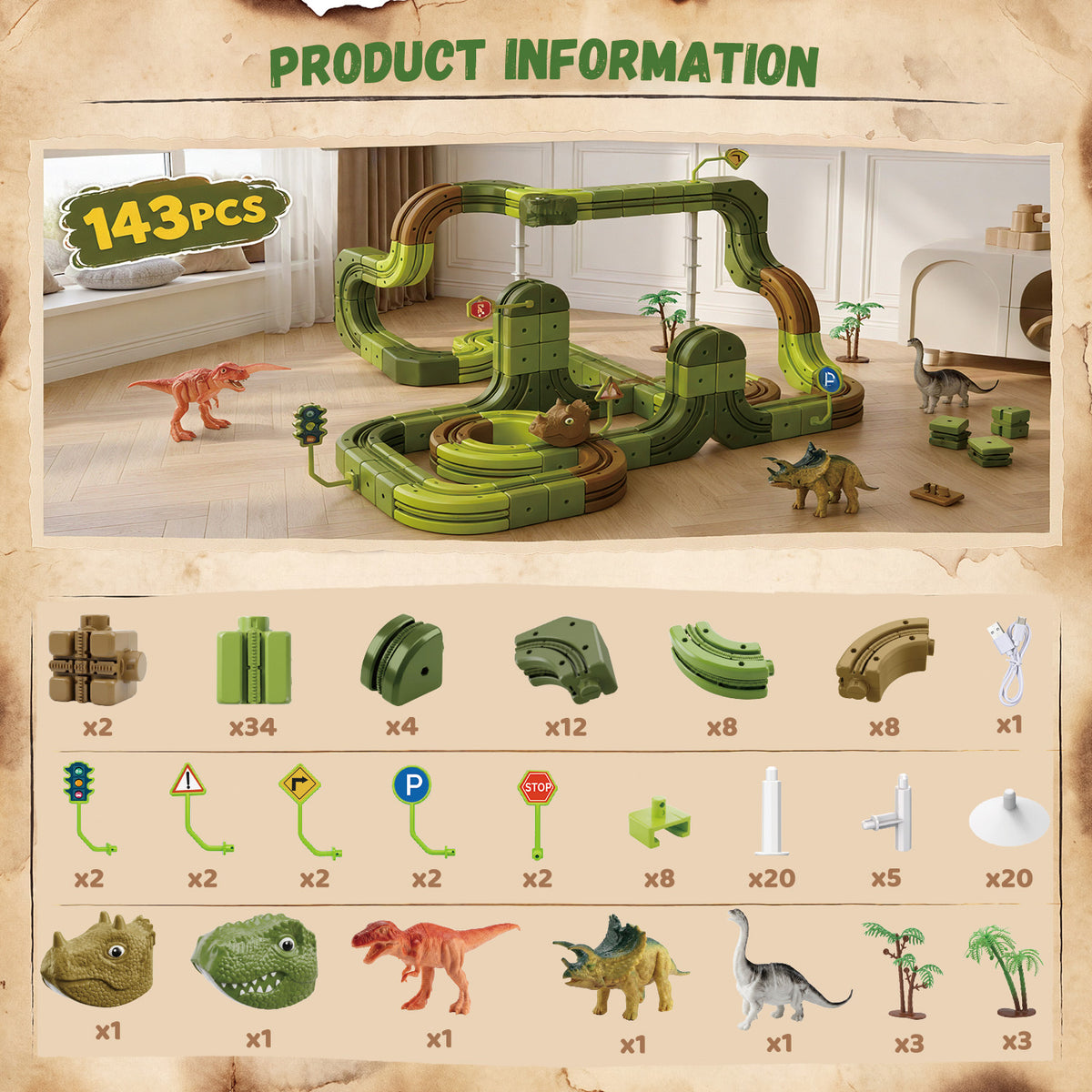 UUSUOO Dinosaur Track Toys, Dinosaur Race Car Track, Best Birthday Gifts for 3 4 5 6 7 Year Old Boys Girls