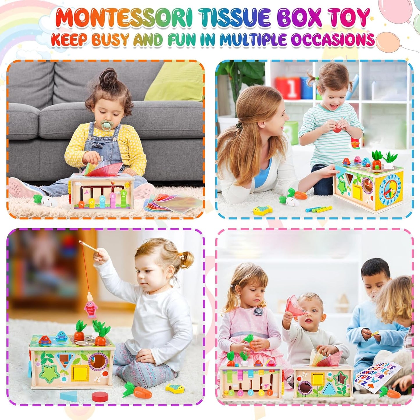 UUSUOO 8-in-1 Montessori Tissue Box Toy for Babies 6-12 Months,Wooden Activity Cube for Babies,Baby Puzzles 12-18 Months,Sensory Toys for Toddlers 1-3, Baby 1st Birthday Gift,Christmas Gifts for Baby