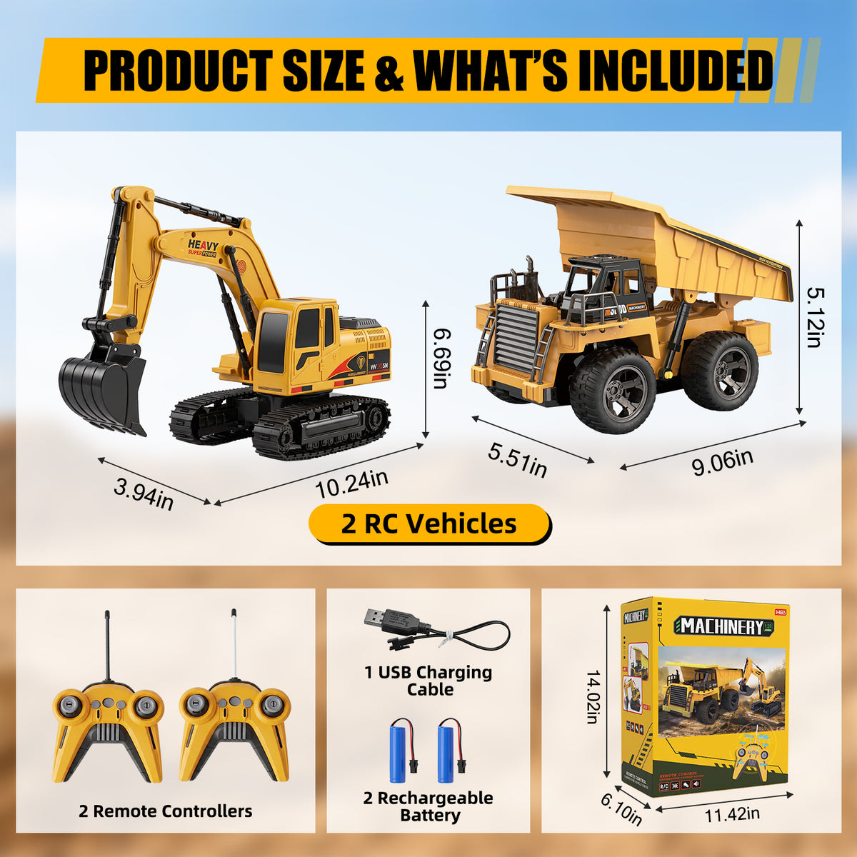 UUSUOO Remote Control Excavator and Dump Truck Toy for Kids, 2.4GHz RC Construction Vehicles with Lights & Sounds, Rechargeable Construction Toys, Birthday Gift for Kids Ages 3+