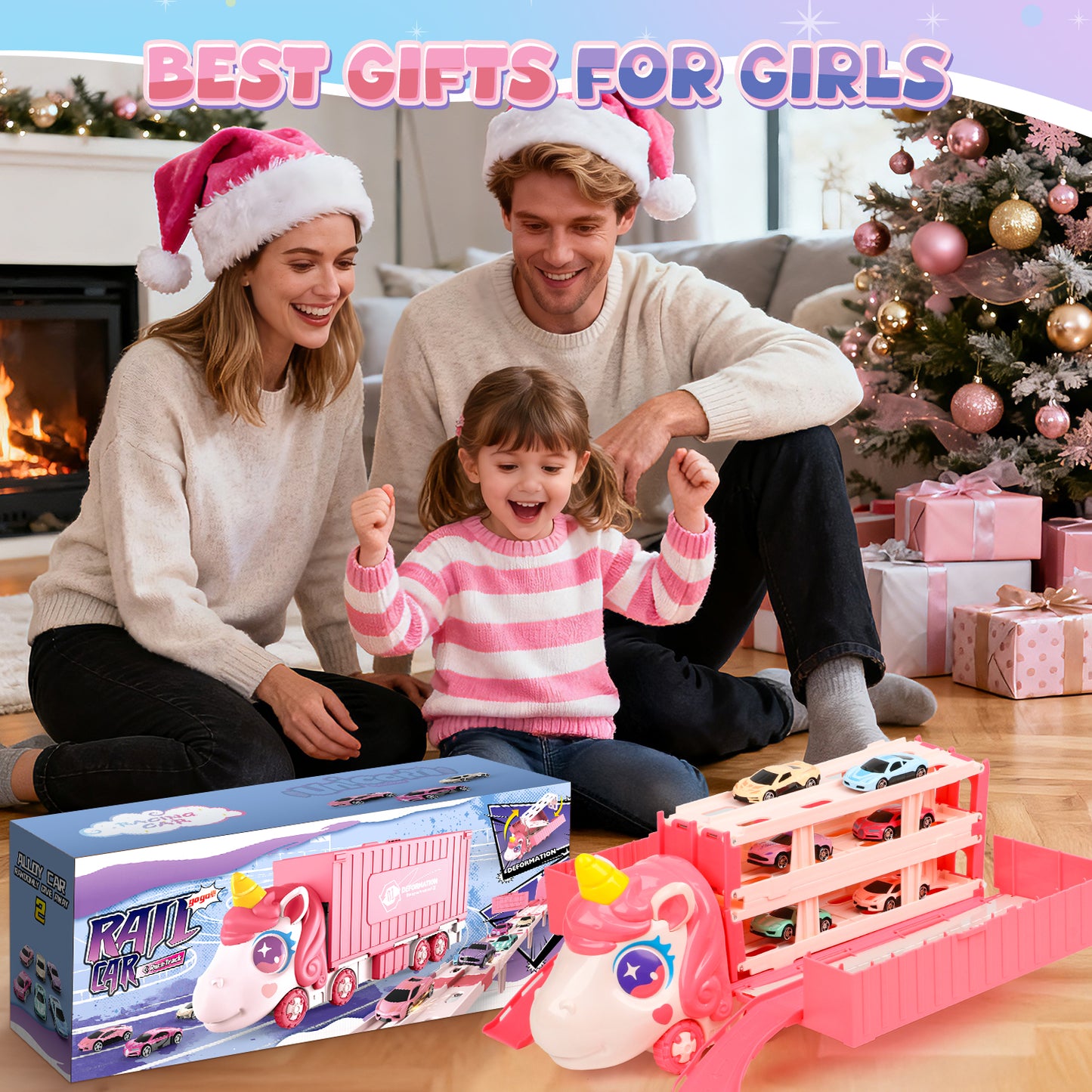 UUSUOO Toy Trucks for Boys Girls 3-6 Years,Pink Unicorn Foldable Transport Carrier Truck W/6 Race Cars,Christmas Birthday Gifts for 3 4 5 6 + Years Old Boys Girls